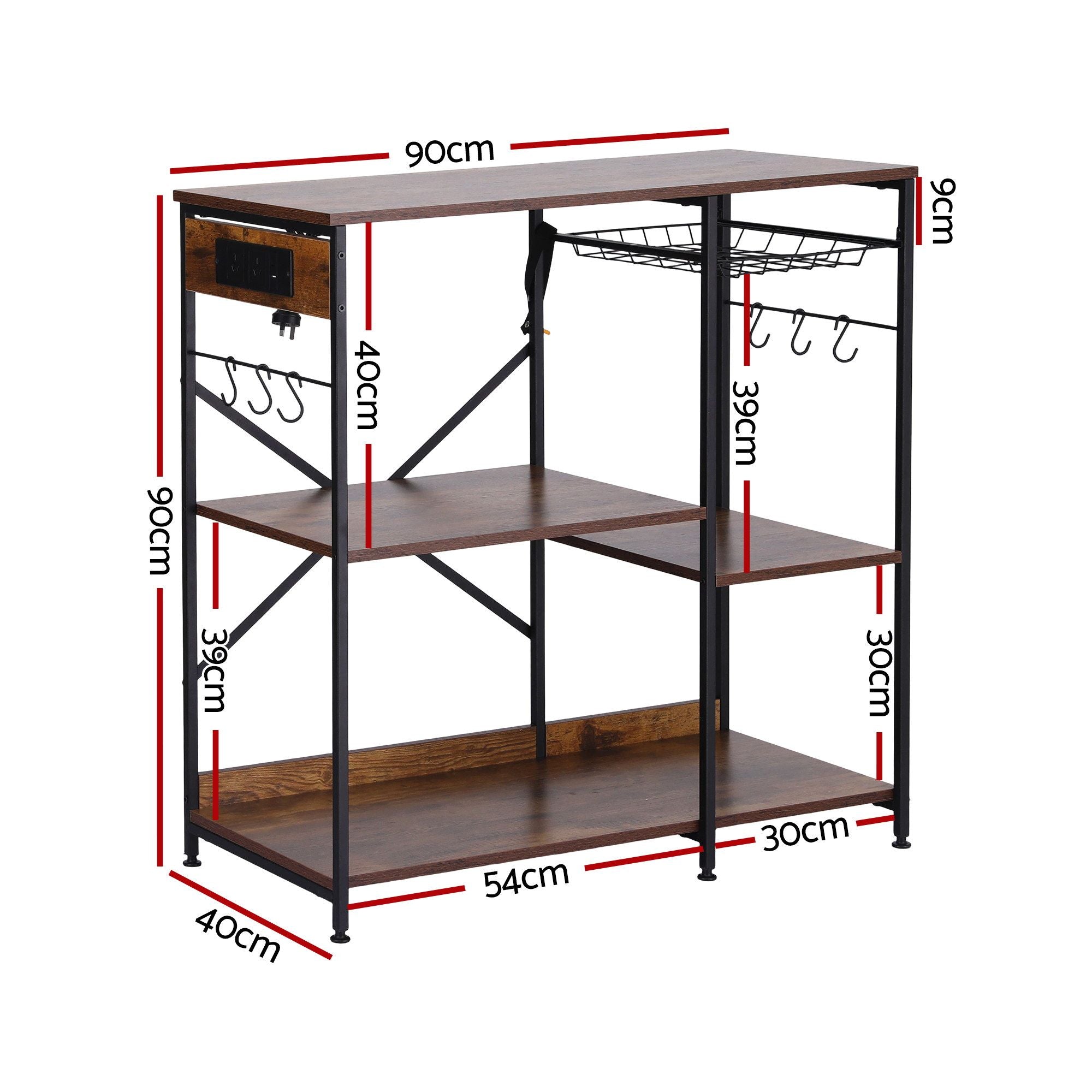 Artiss 3-Tier Kitchen Rack with 2 Power Outlets Microwave Storage Shelf 6 Hooks 90CM Bedworld