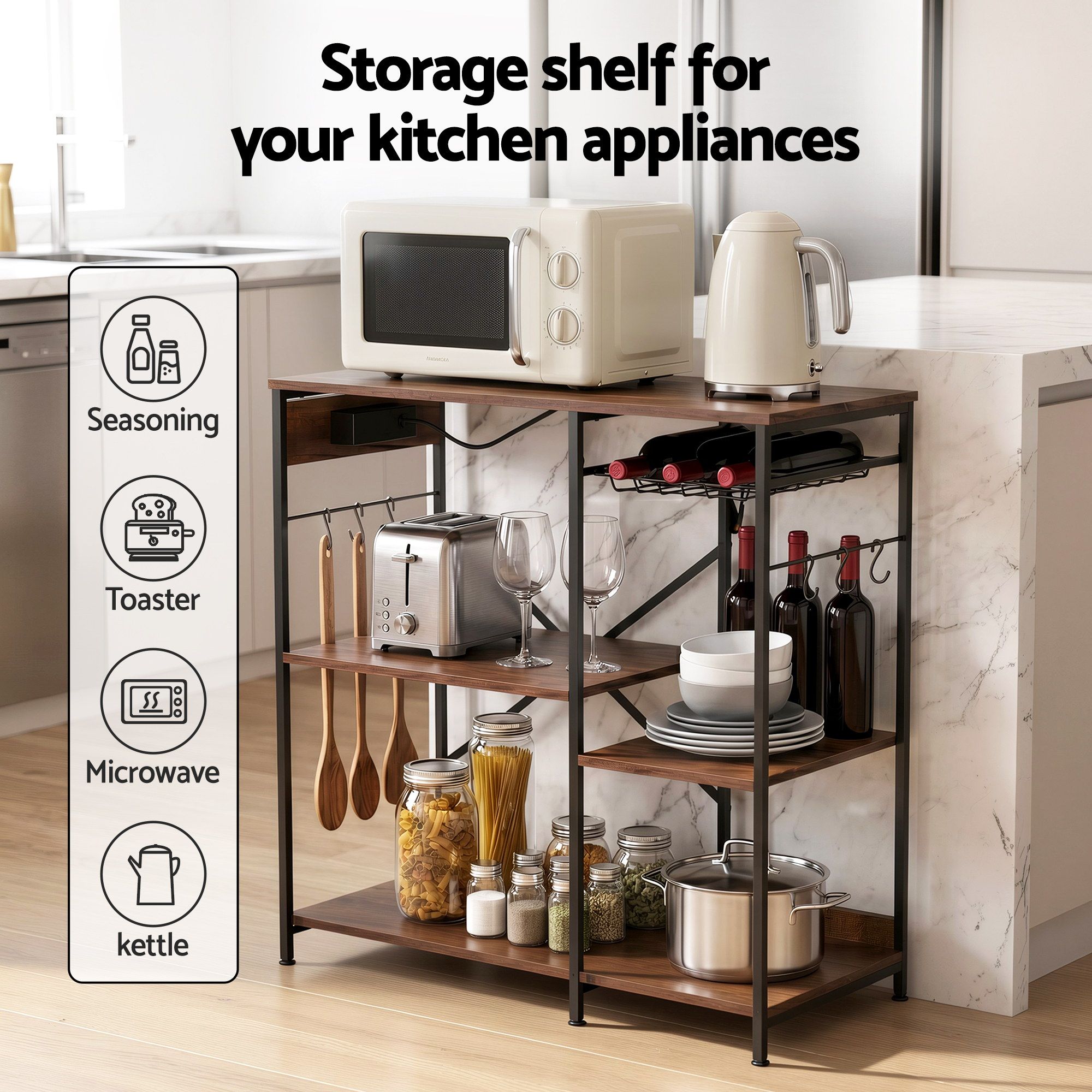 Artiss 3-Tier Kitchen Rack with 2 Power Outlets Microwave Storage Shelf 6 Hooks 90CM Bedworld