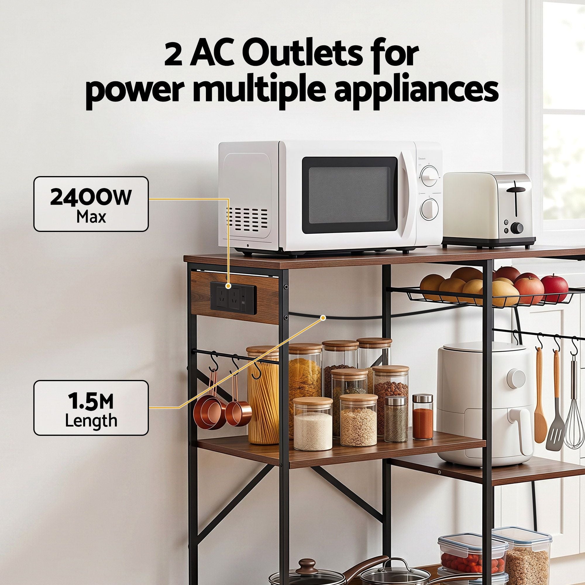 Artiss 3-Tier Kitchen Rack with 2 Power Outlets Microwave Storage Shelf 6 Hooks 90CM Bedworld