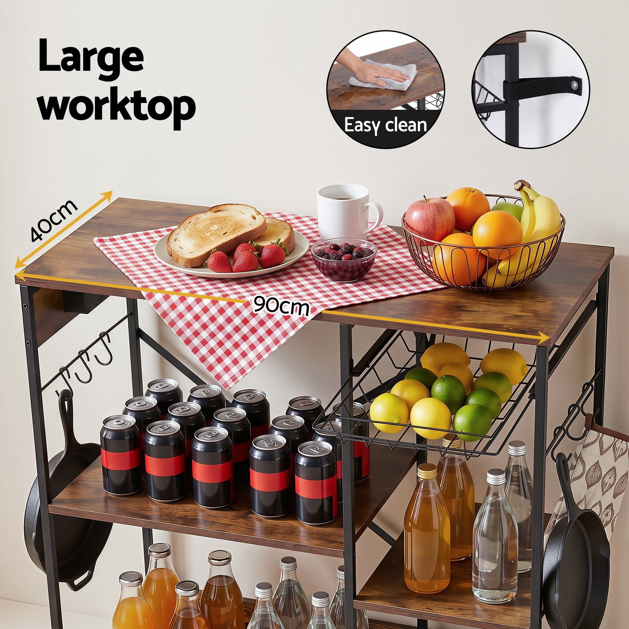 Artiss 3-Tier Kitchen Rack with 2 Power Outlets Microwave Storage Shelf 6 Hooks 90CM Bedworld