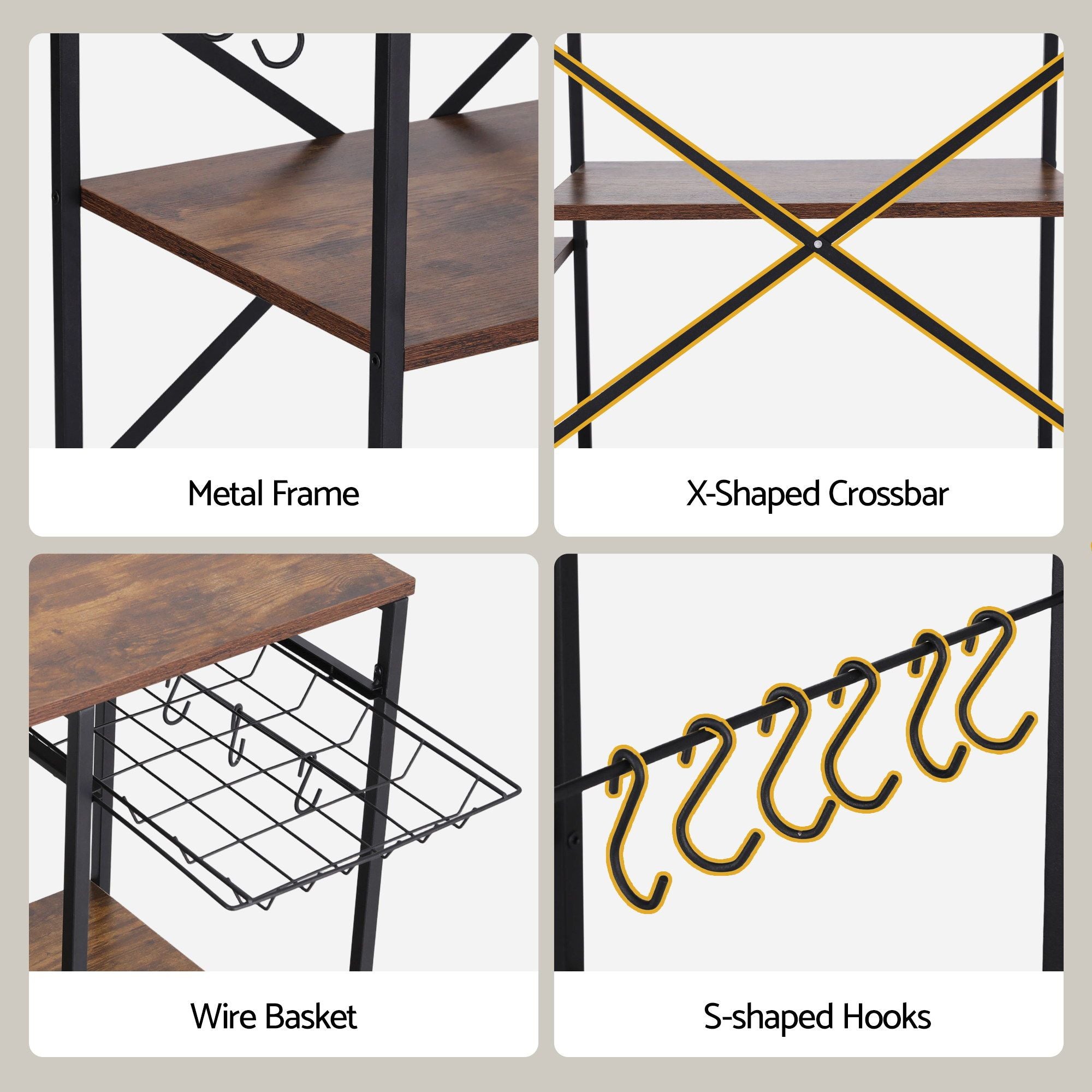 Artiss 3-Tier Kitchen Rack with 2 Power Outlets Microwave Storage Shelf 6 Hooks 90CM Bedworld
