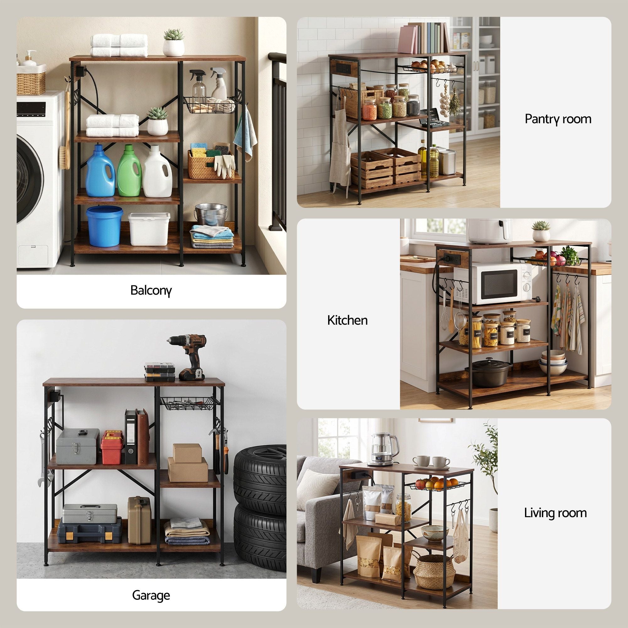 Artiss 3-Tier Kitchen Rack with 2 Power Outlets Microwave Storage Shelf 6 Hooks 90CM Bedworld