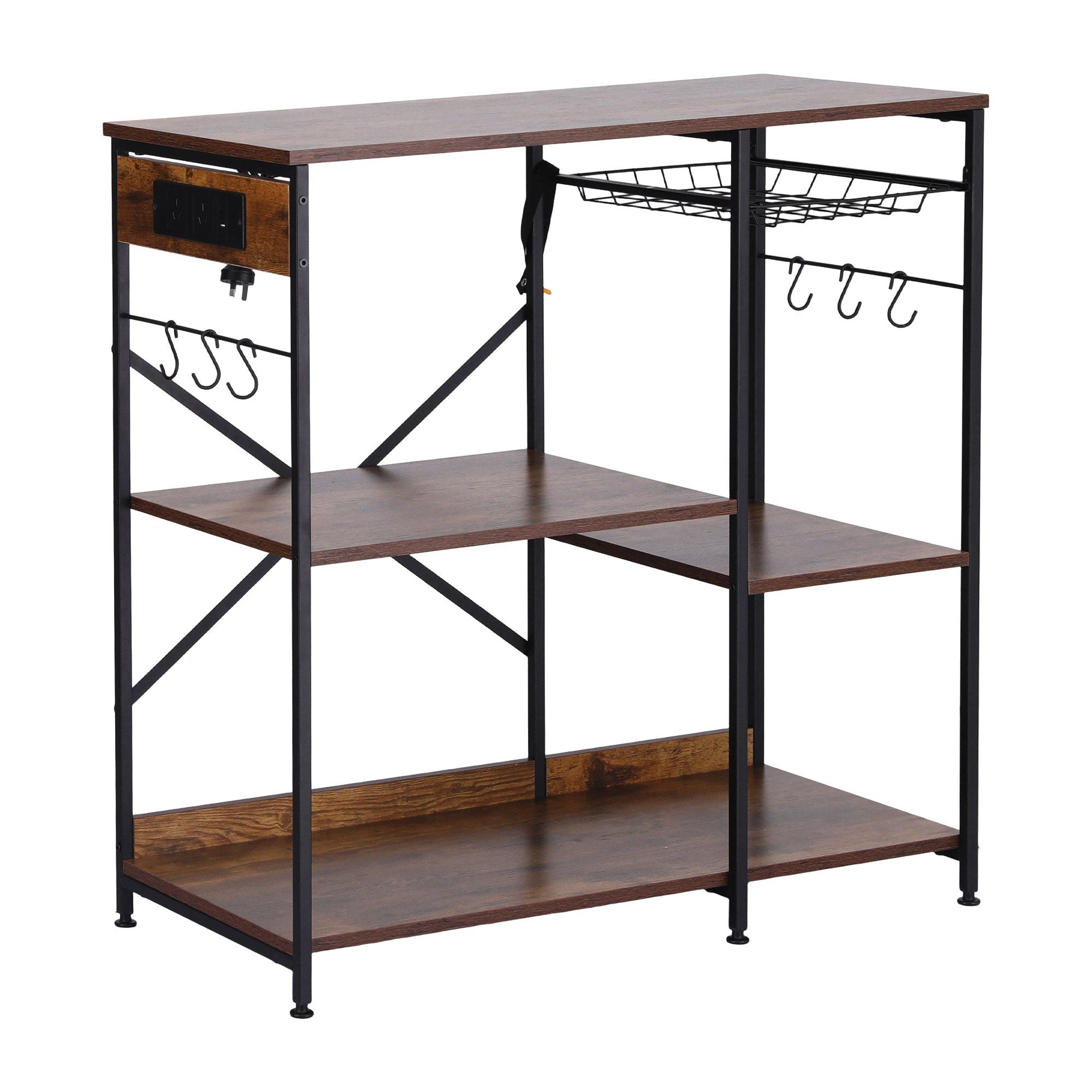 Artiss 3-Tier Kitchen Rack with 2 Power Outlets Microwave Storage Shelf 6 Hooks 90CM Bedworld