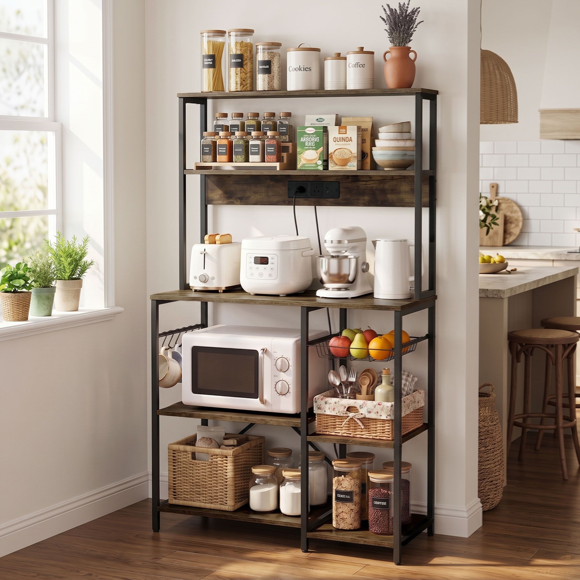 Artiss 5-Tier Kitchen Rack with Power Outlets 90CMX153CM Microwave Storage Shelf Bedworld