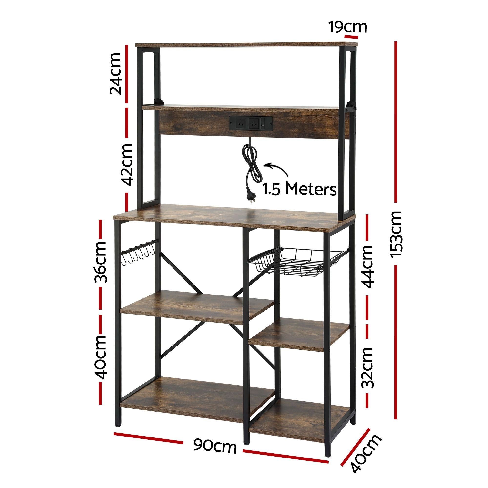 Artiss 5-Tier Kitchen Rack with Power Outlets 90CMX153CM Microwave Storage Shelf Bedworld