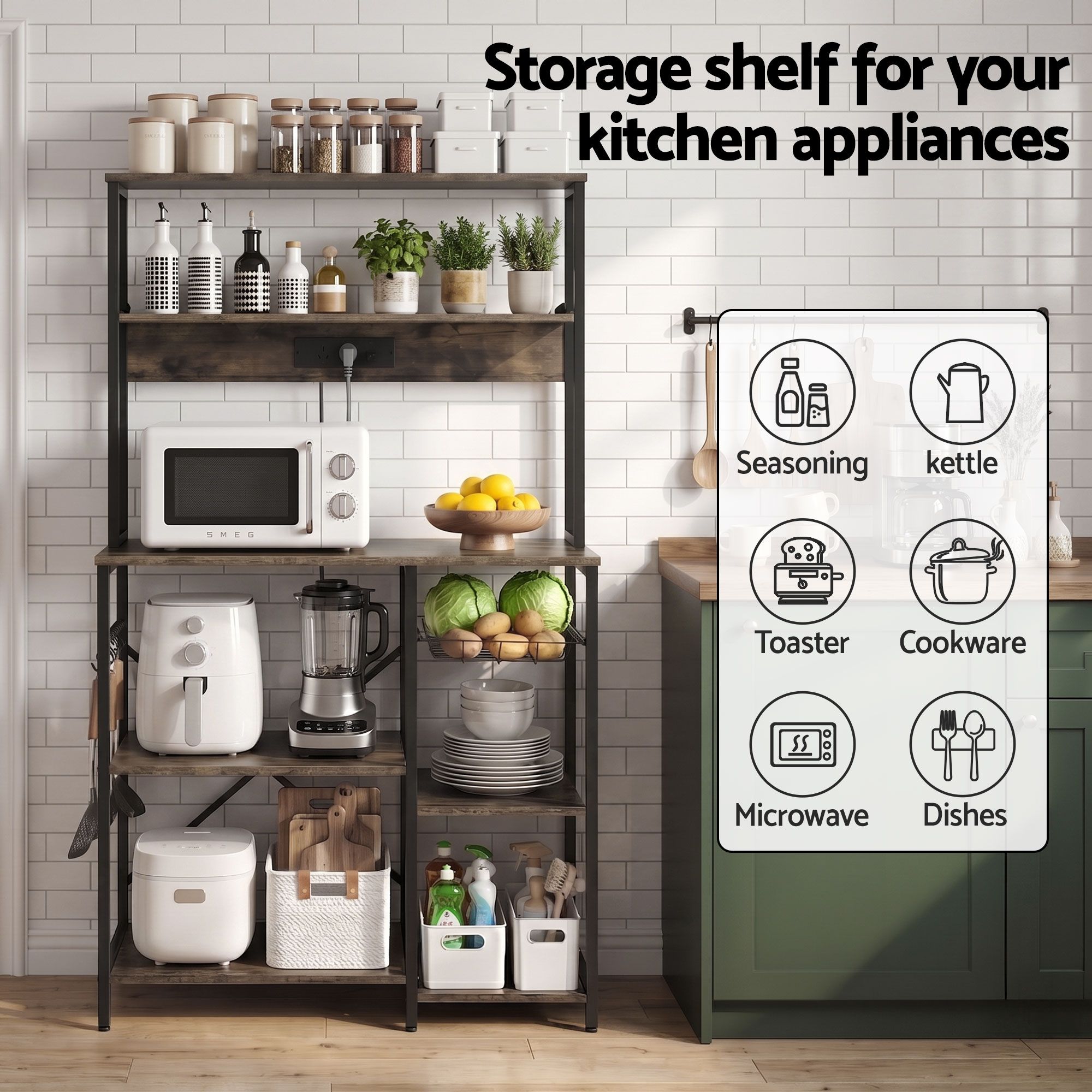 Artiss 5-Tier Kitchen Rack with Power Outlets 90CMX153CM Microwave Storage Shelf Bedworld