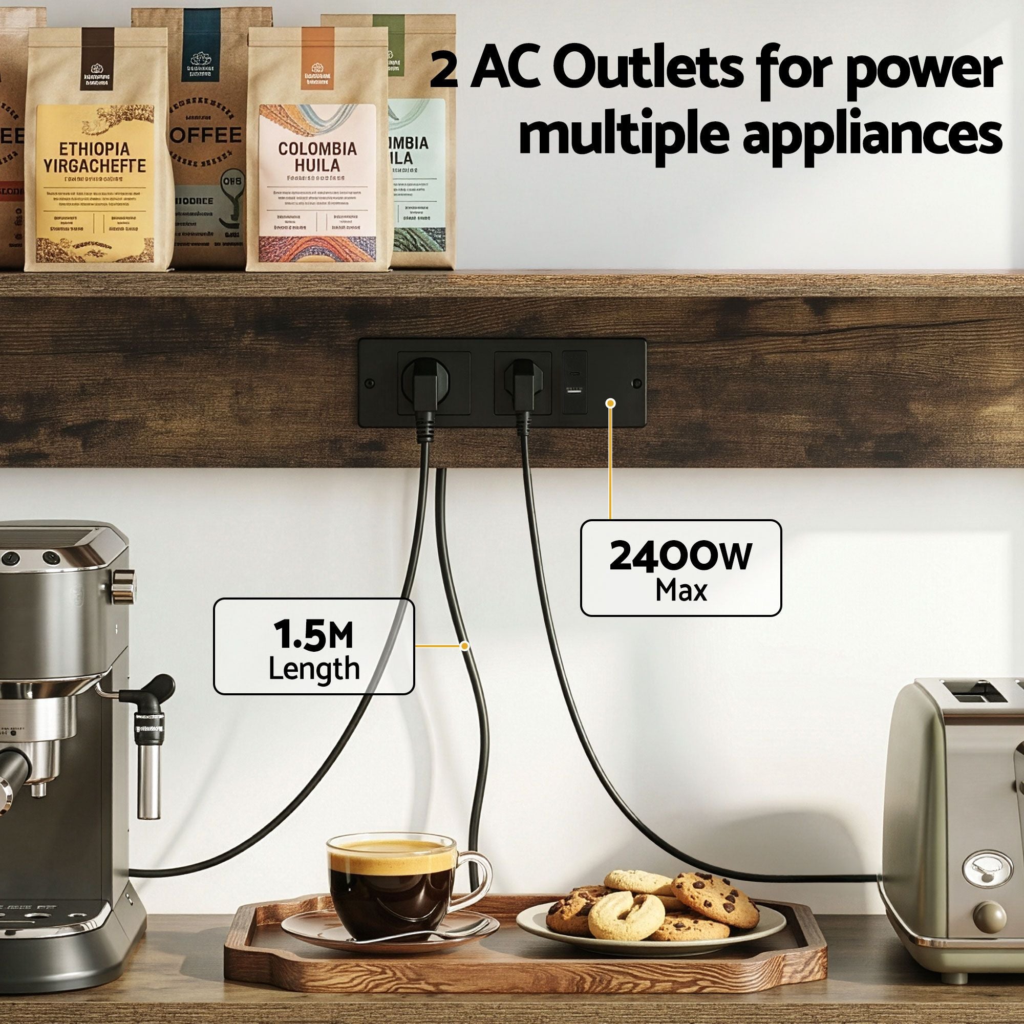 Artiss 5-Tier Kitchen Rack with Power Outlets 90CMX153CM Microwave Storage Shelf Bedworld