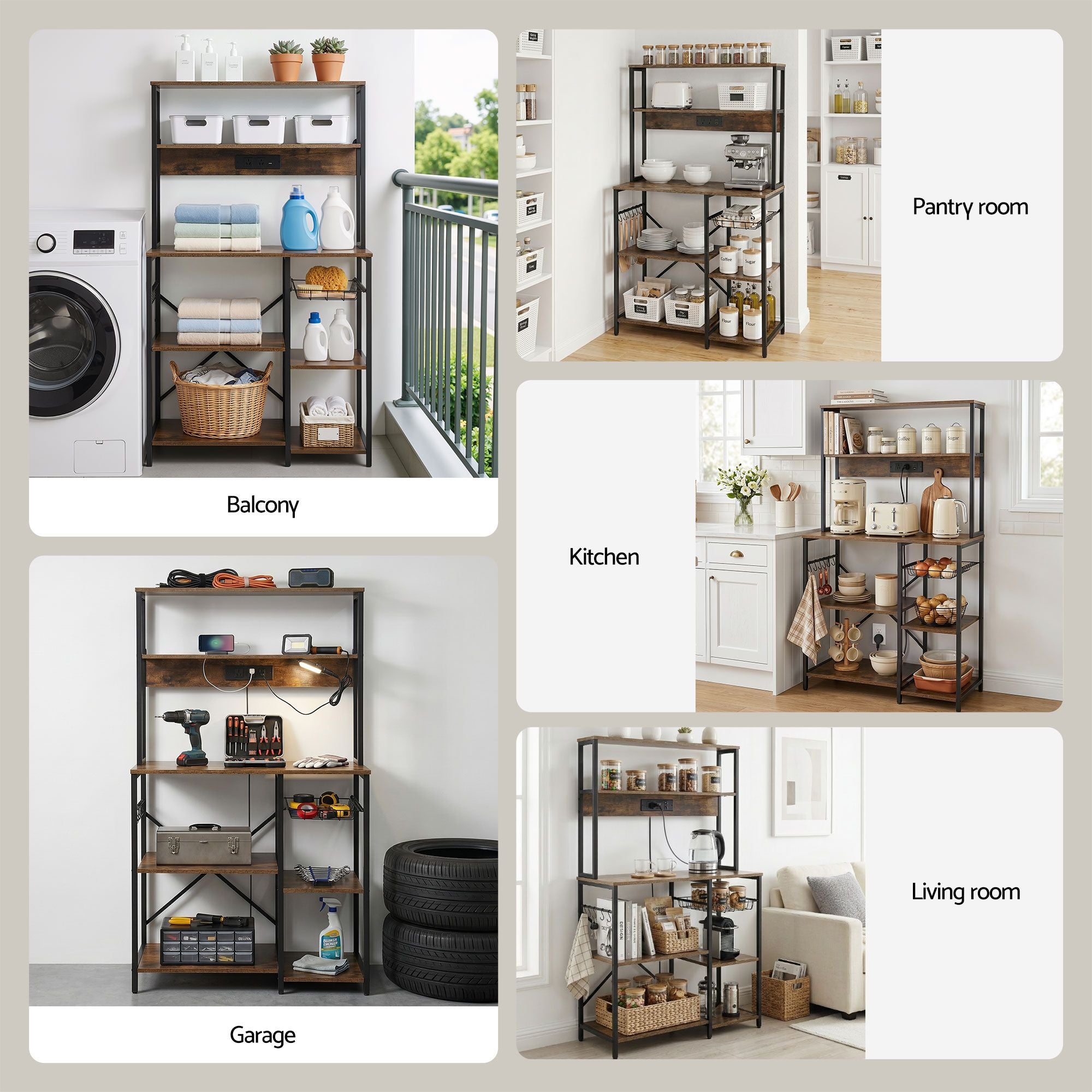 Artiss 5-Tier Kitchen Rack with Power Outlets 90CMX153CM Microwave Storage Shelf Bedworld