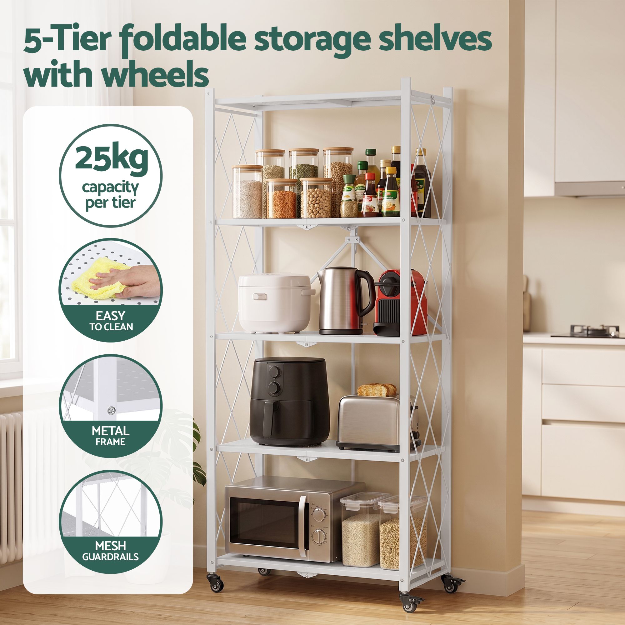 Artiss 5-Tier Foldable Kitchen Bakers Rack 71x160cm Microwave Stand White Bedworld