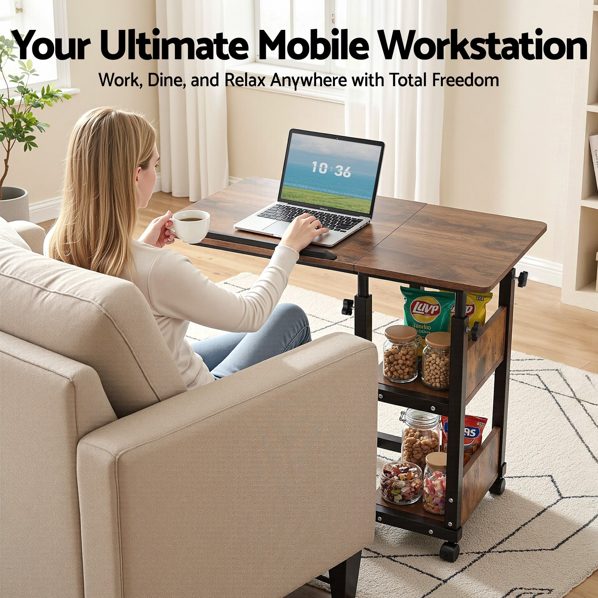 Artiss 3 Tier Adjustable Laptop Desk Tiltable Mobile Side Table Wheels Bedworld