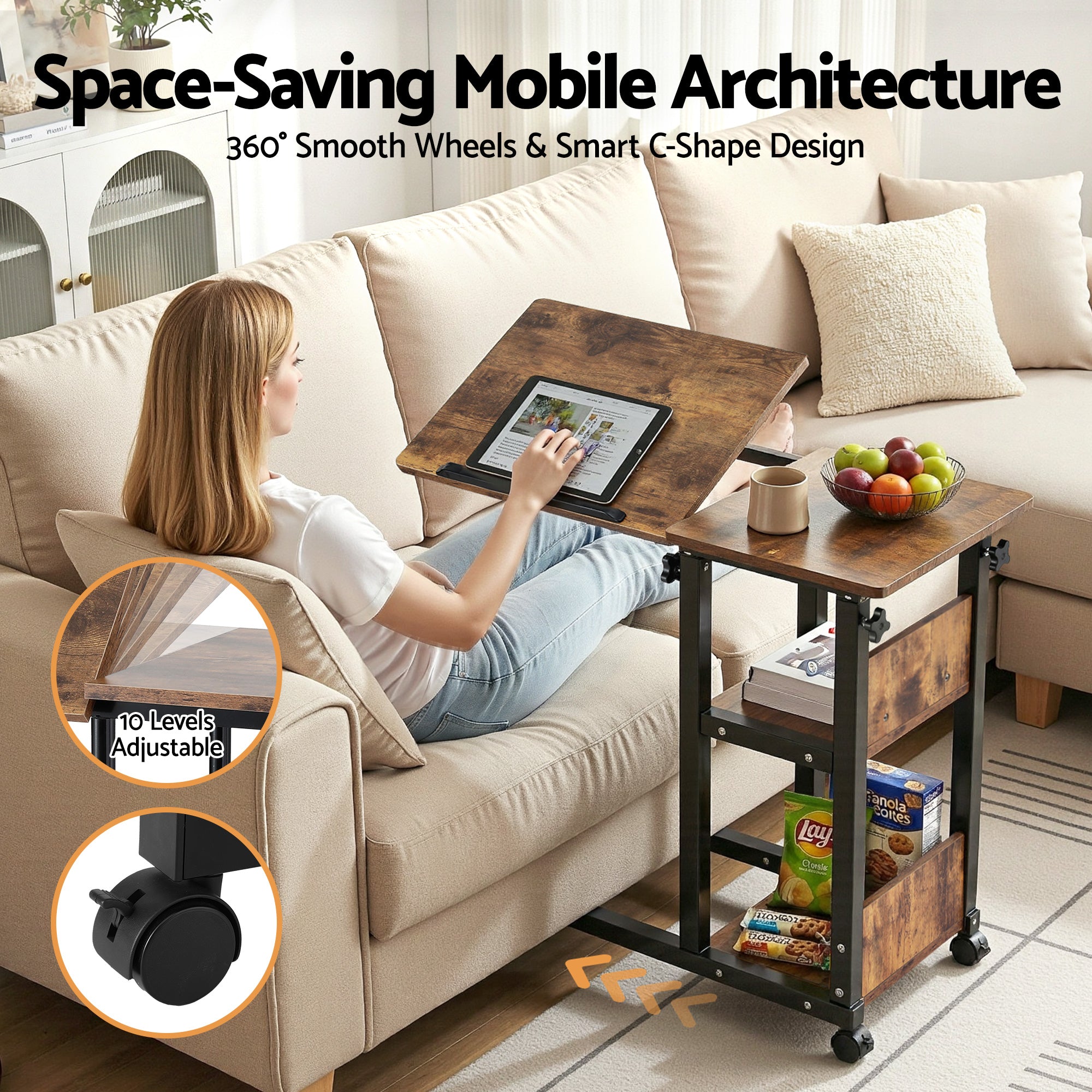 Artiss 3 Tier Adjustable Laptop Desk Tiltable Mobile Side Table Wheels Bedworld