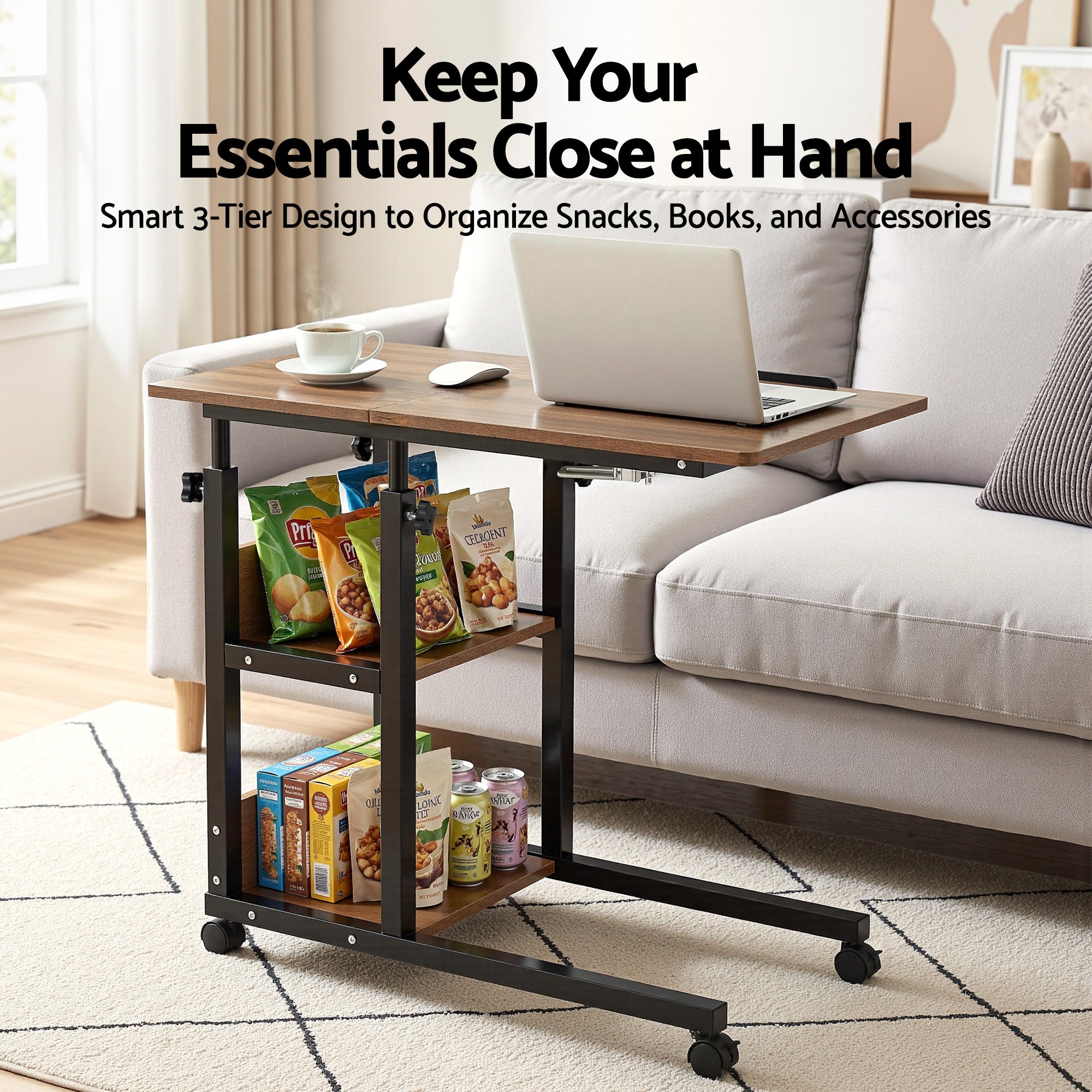 Artiss 3 Tier Adjustable Laptop Desk Tiltable Mobile Side Table Wheels Bedworld