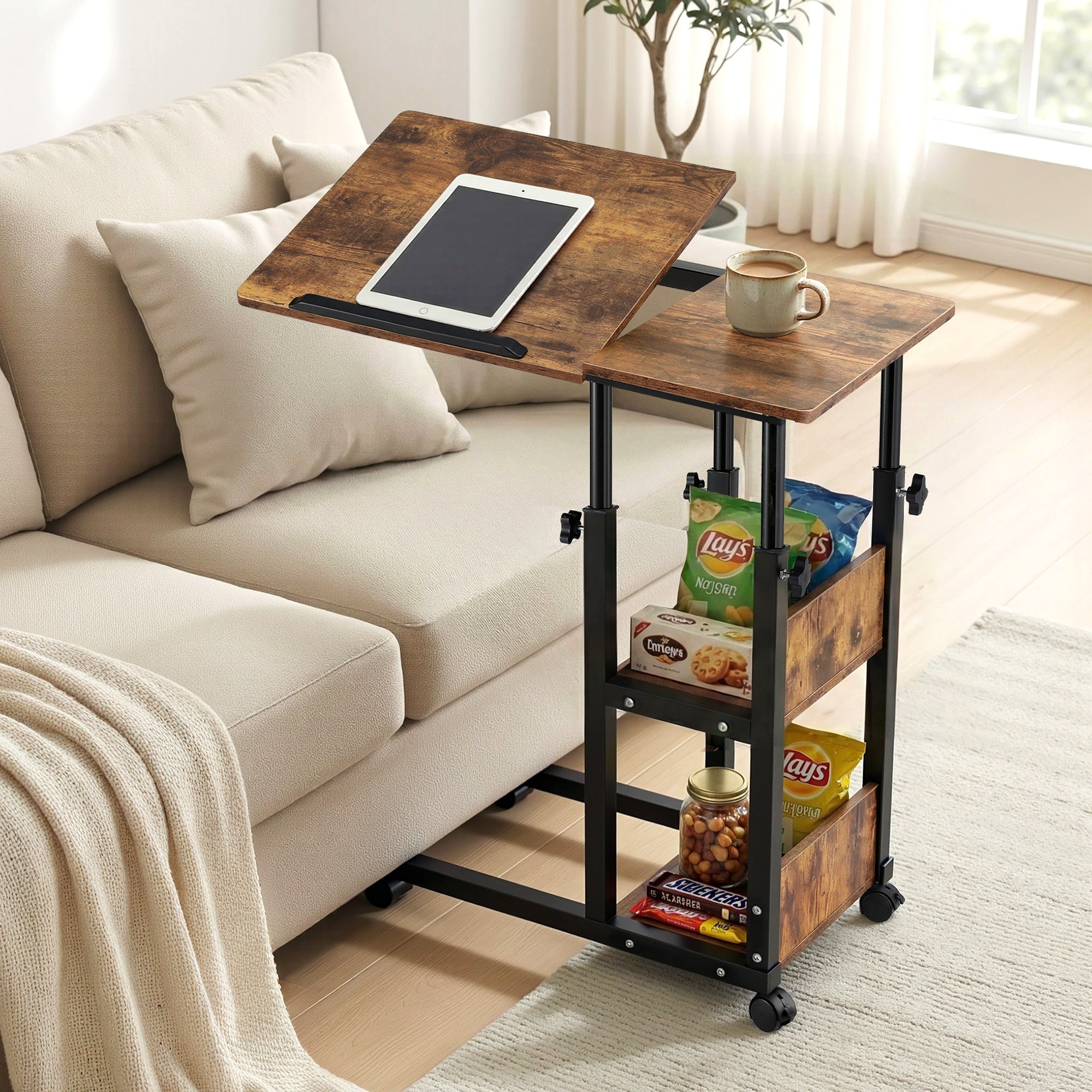 Artiss 3 Tier Adjustable Laptop Desk Tiltable Mobile Side Table Wheels Bedworld