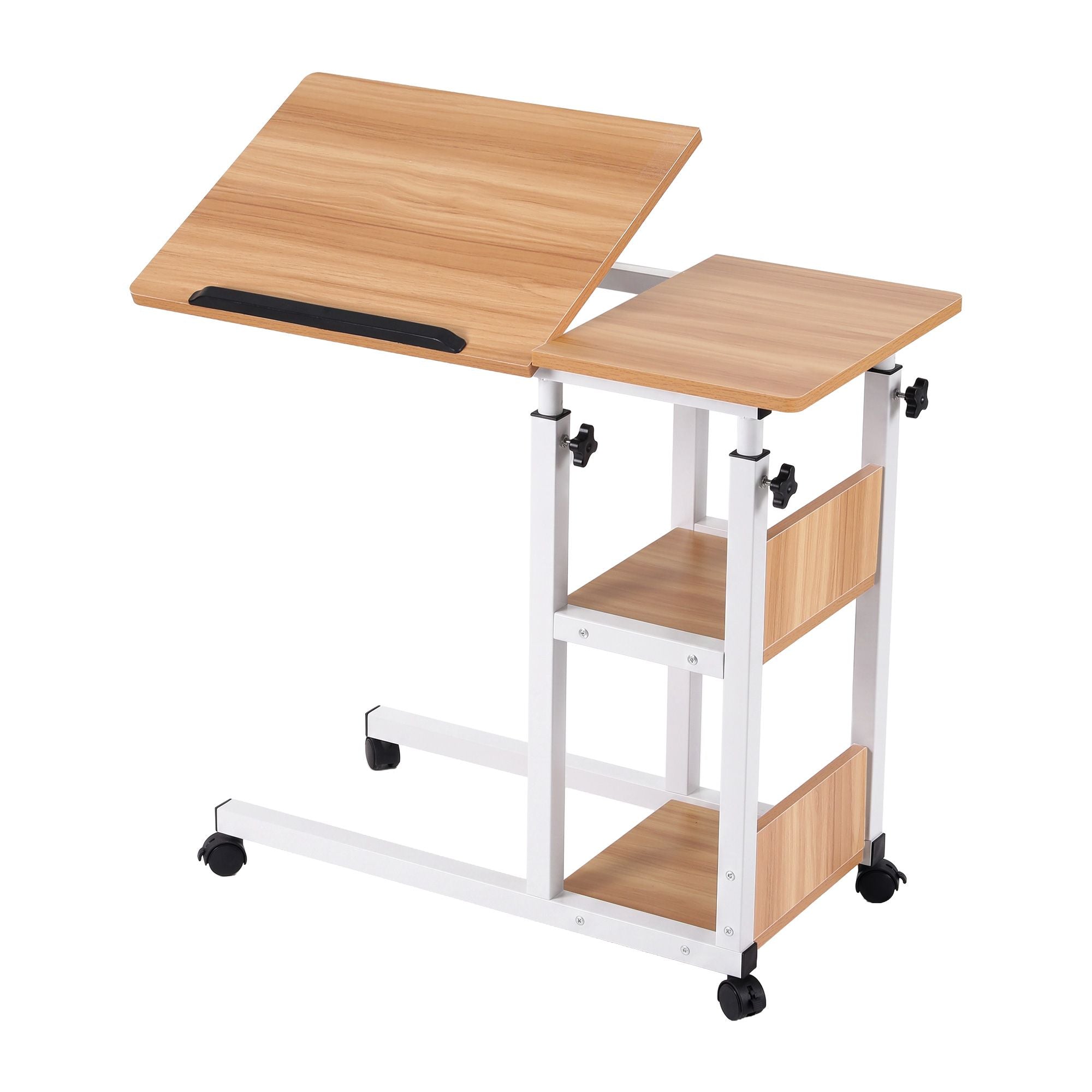 Artiss 3 Tier Adjustable Laptop Desk Tiltable Mobile Side Table Wheels Oak Bedworld