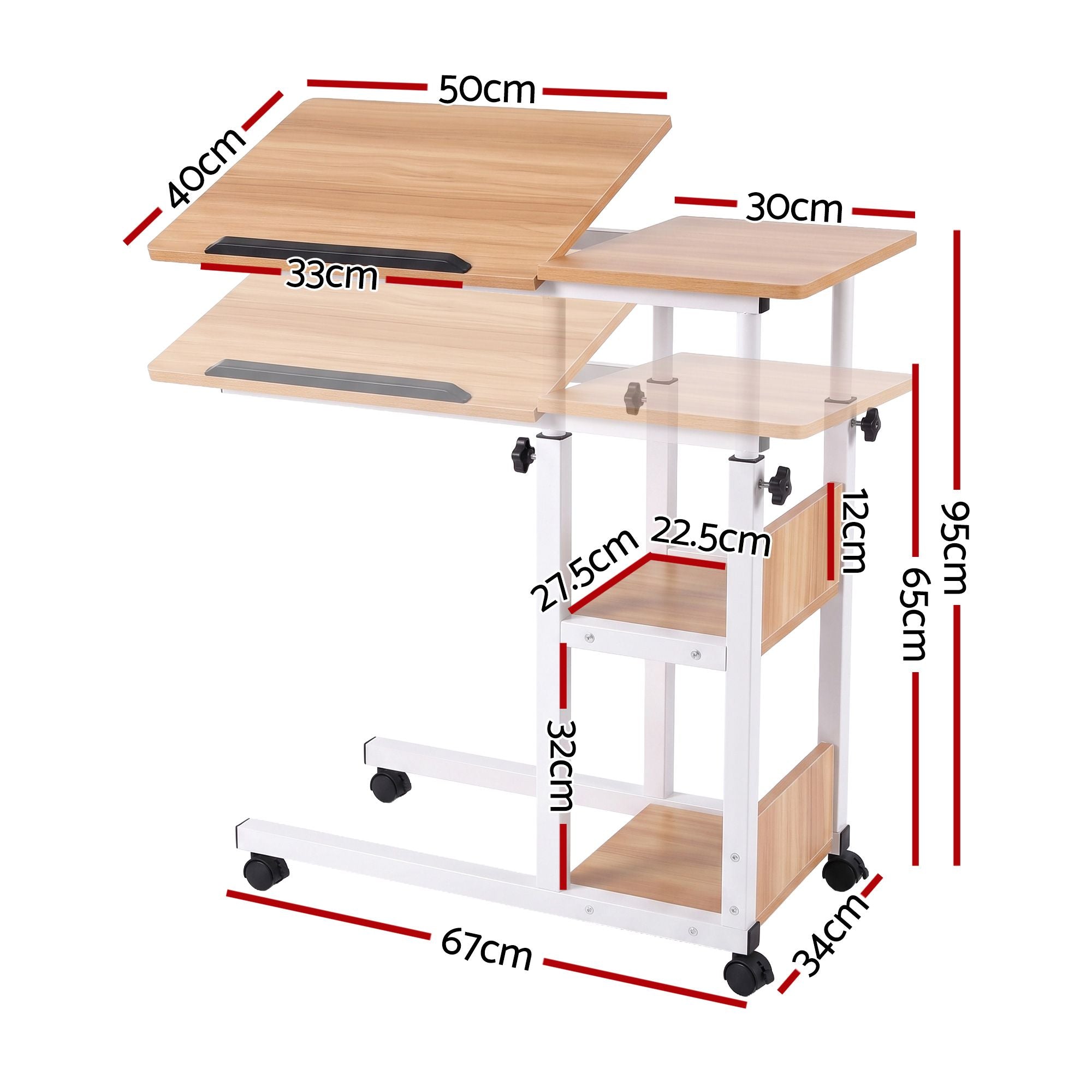 Artiss 3 Tier Adjustable Laptop Desk Tiltable Mobile Side Table Wheels Oak Bedworld