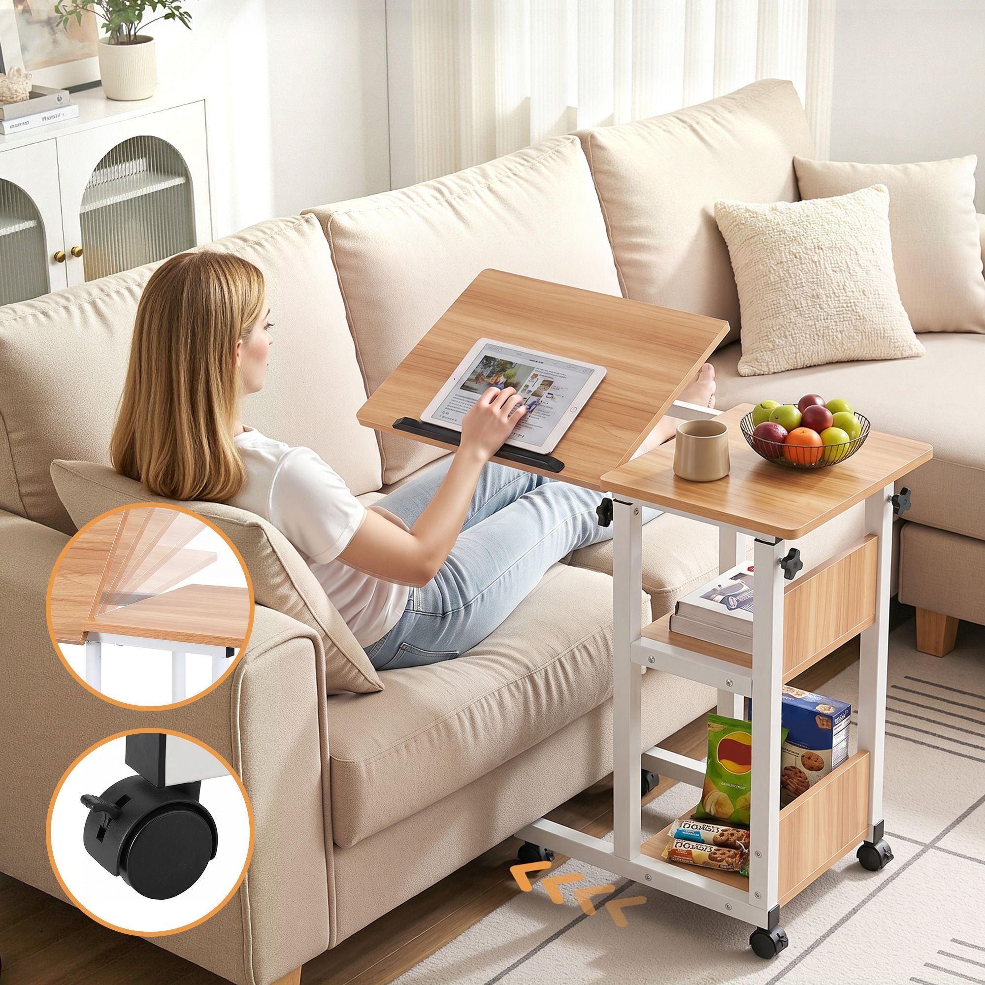 Artiss 3 Tier Adjustable Laptop Desk Tiltable Mobile Side Table Wheels Oak Bedworld