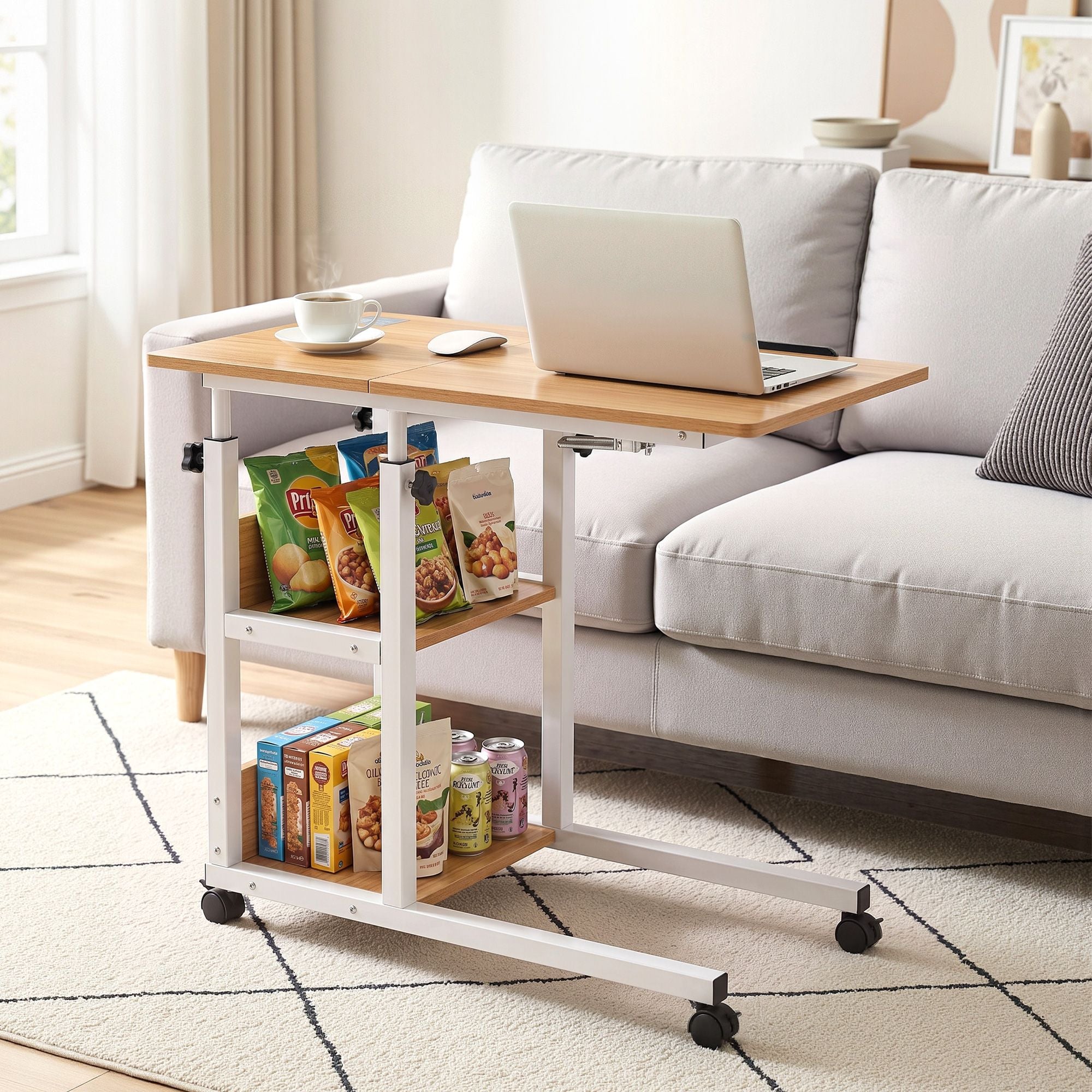 Artiss 3 Tier Adjustable Laptop Desk Tiltable Mobile Side Table Wheels Oak Bedworld