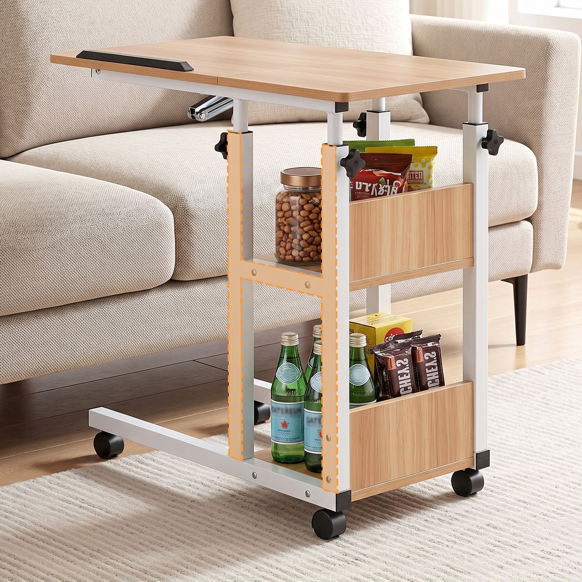Artiss 3 Tier Adjustable Laptop Desk Tiltable Mobile Side Table Wheels Oak Bedworld