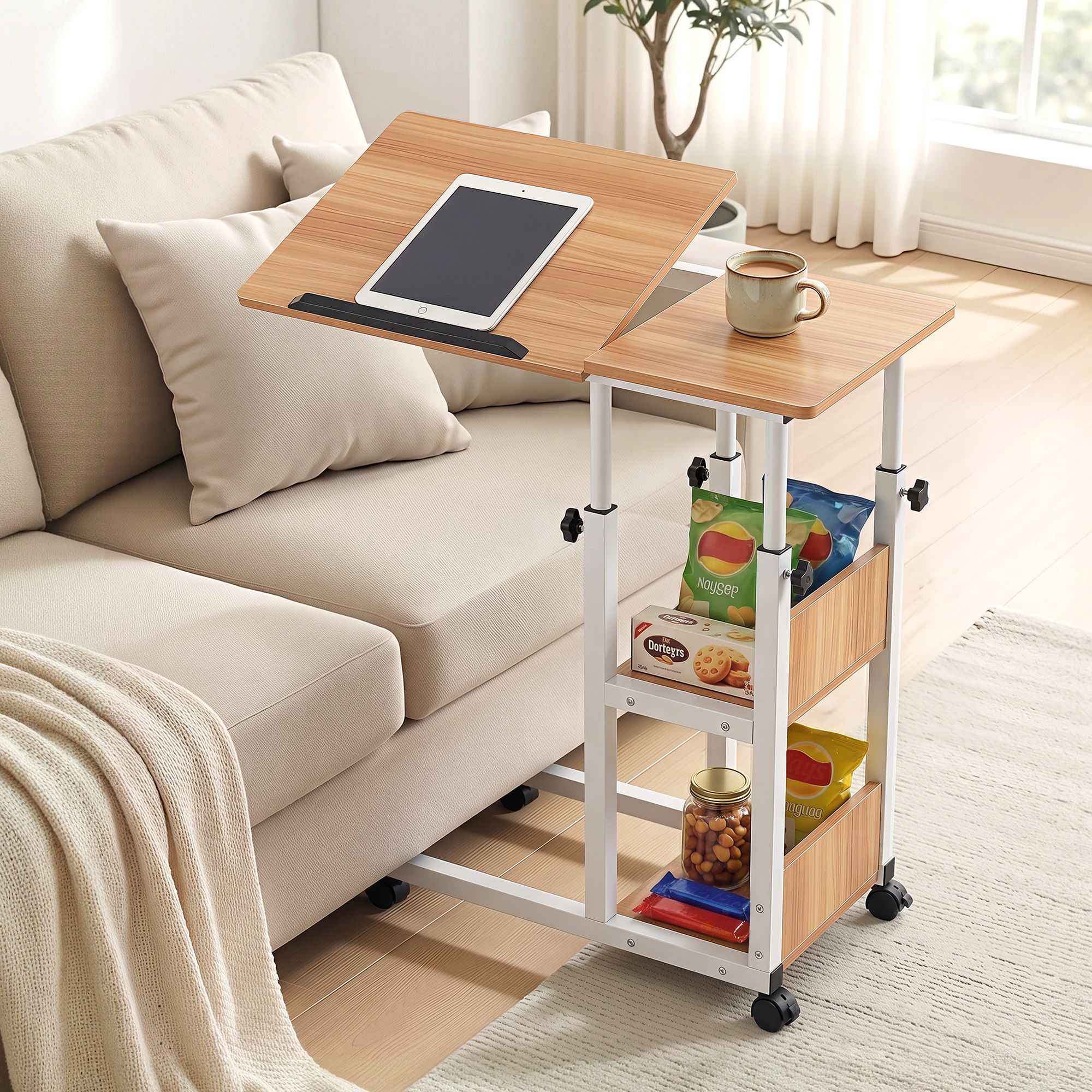 Artiss 3 Tier Adjustable Laptop Desk Tiltable Mobile Side Table Wheels Oak Bedworld