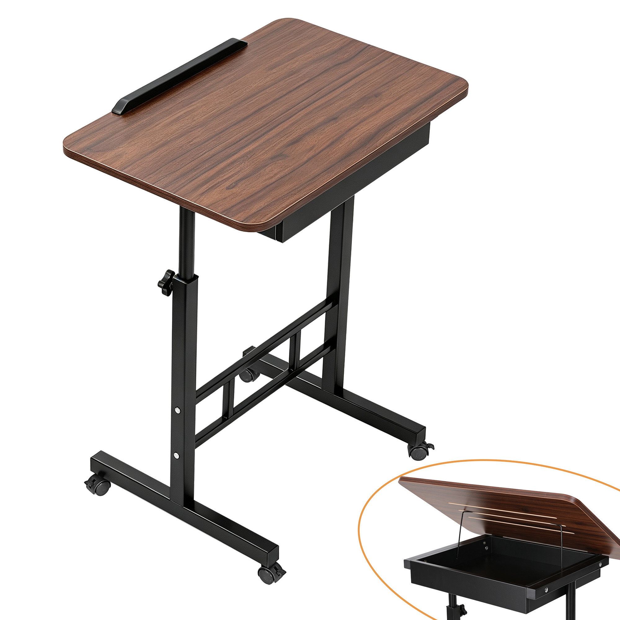 Artiss Adjustable Laptop Desk Mobile Bedside Table Hidden Storage Walnut Bedworld