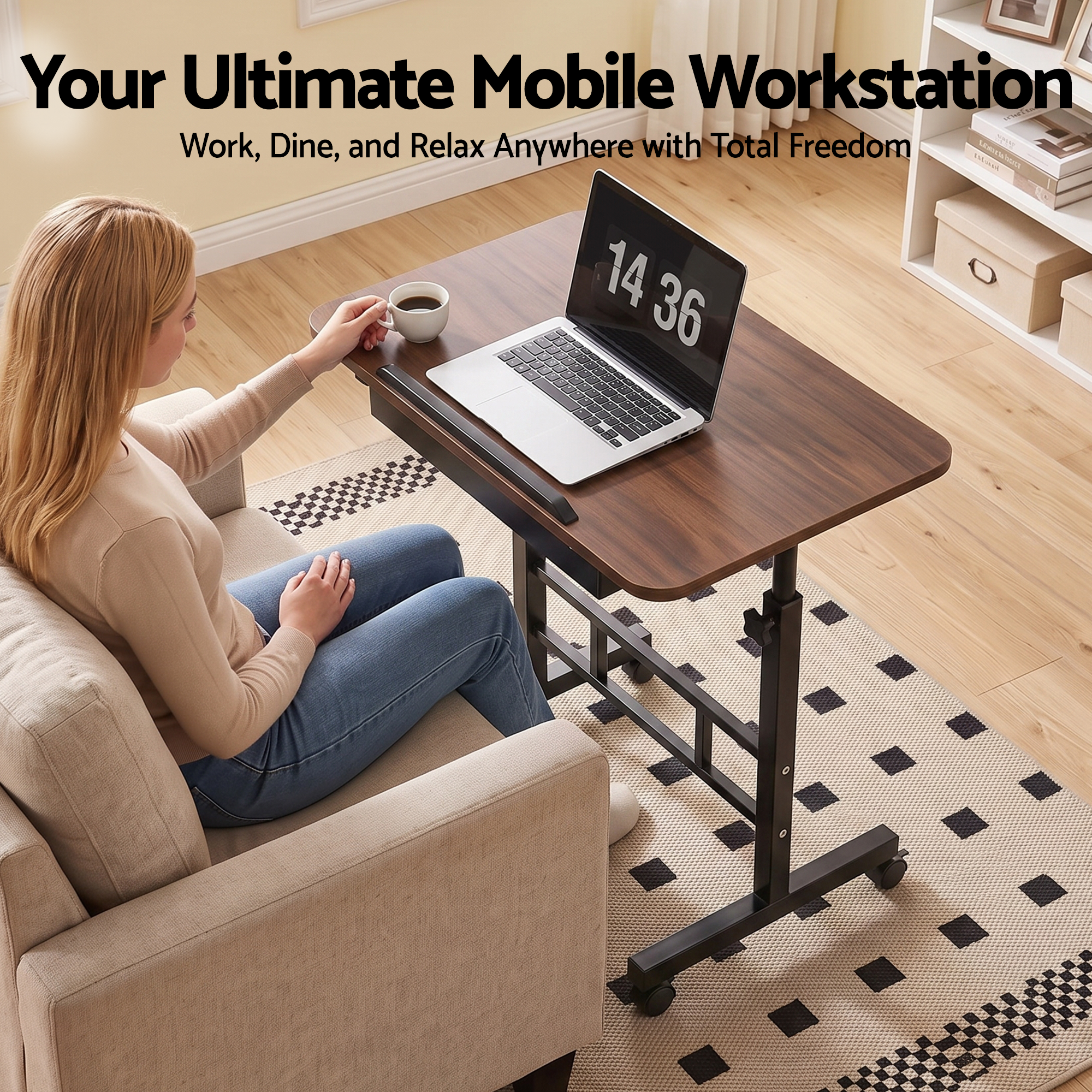 Artiss Adjustable Laptop Desk Mobile Bedside Table Hidden Storage Walnut Bedworld
