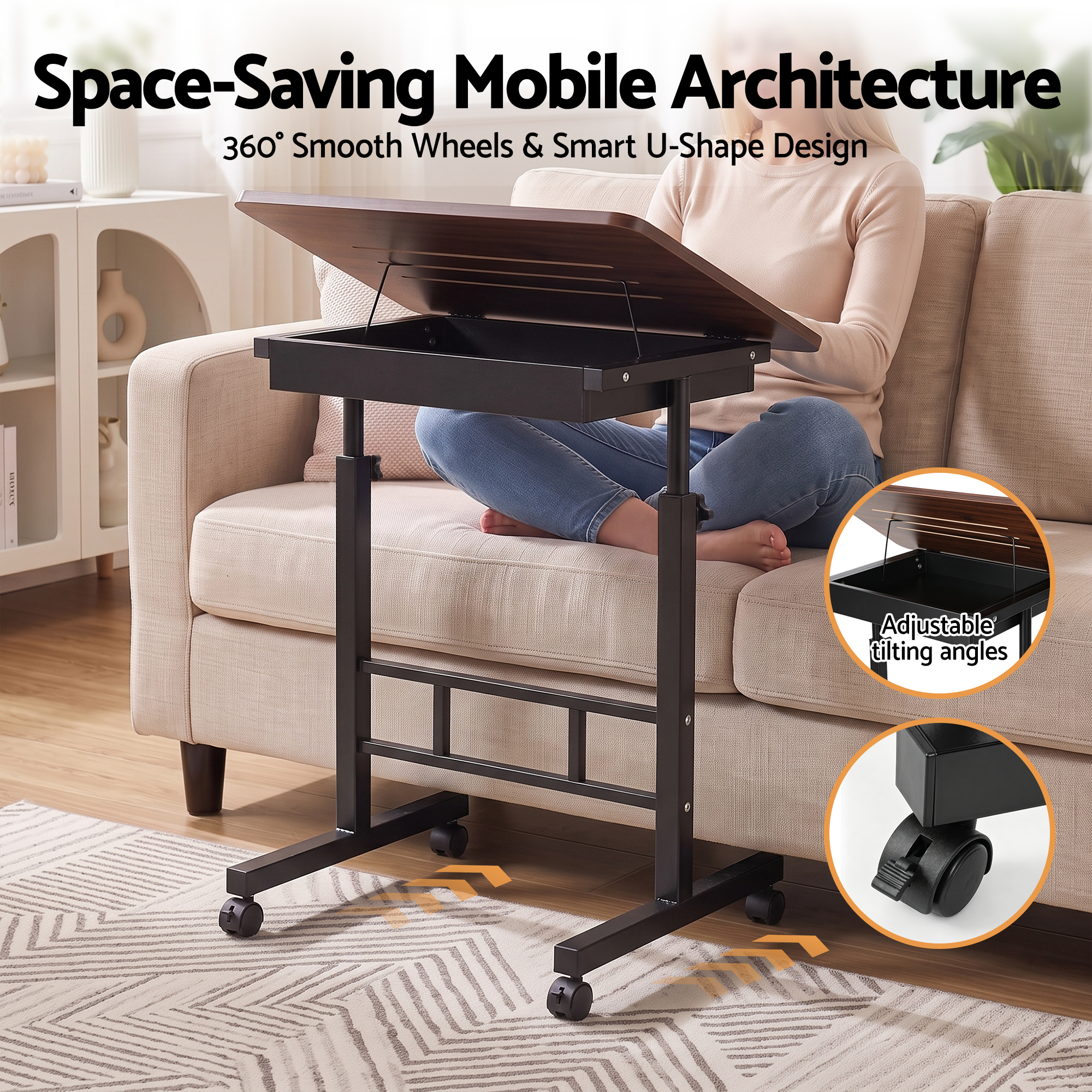 Artiss Adjustable Laptop Desk Mobile Bedside Table Hidden Storage Walnut Bedworld