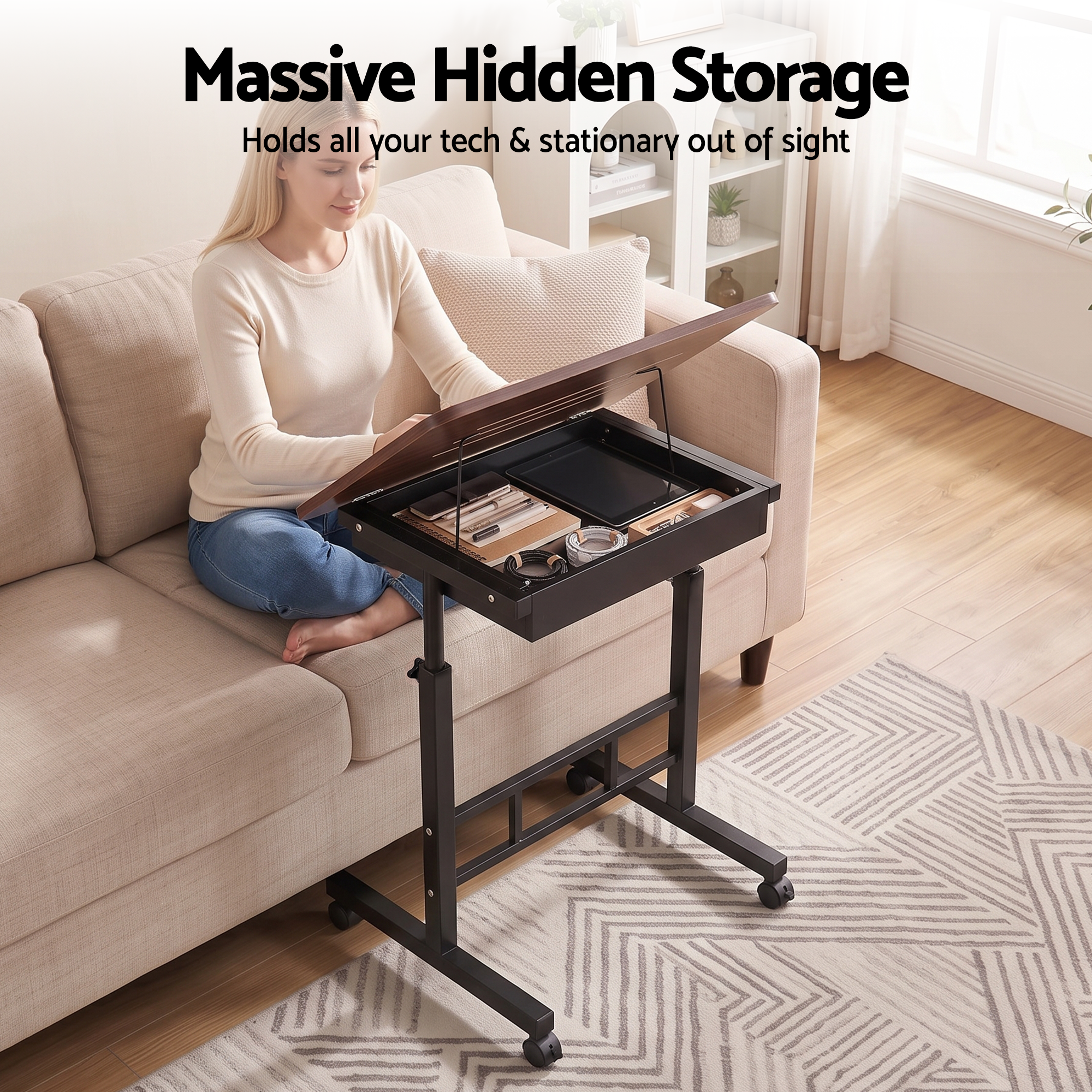 Artiss Adjustable Laptop Desk Mobile Bedside Table Hidden Storage Walnut Bedworld