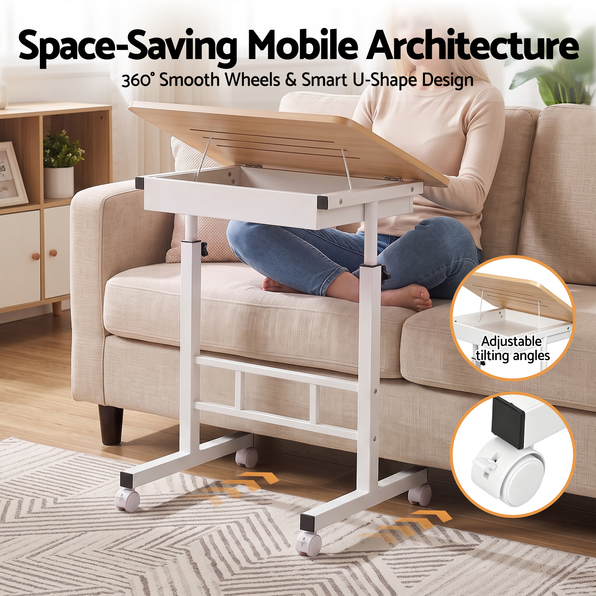 Artiss Adjustable Laptop Desk Mobile Bedside Table Hidden Storage Wood Bedworld