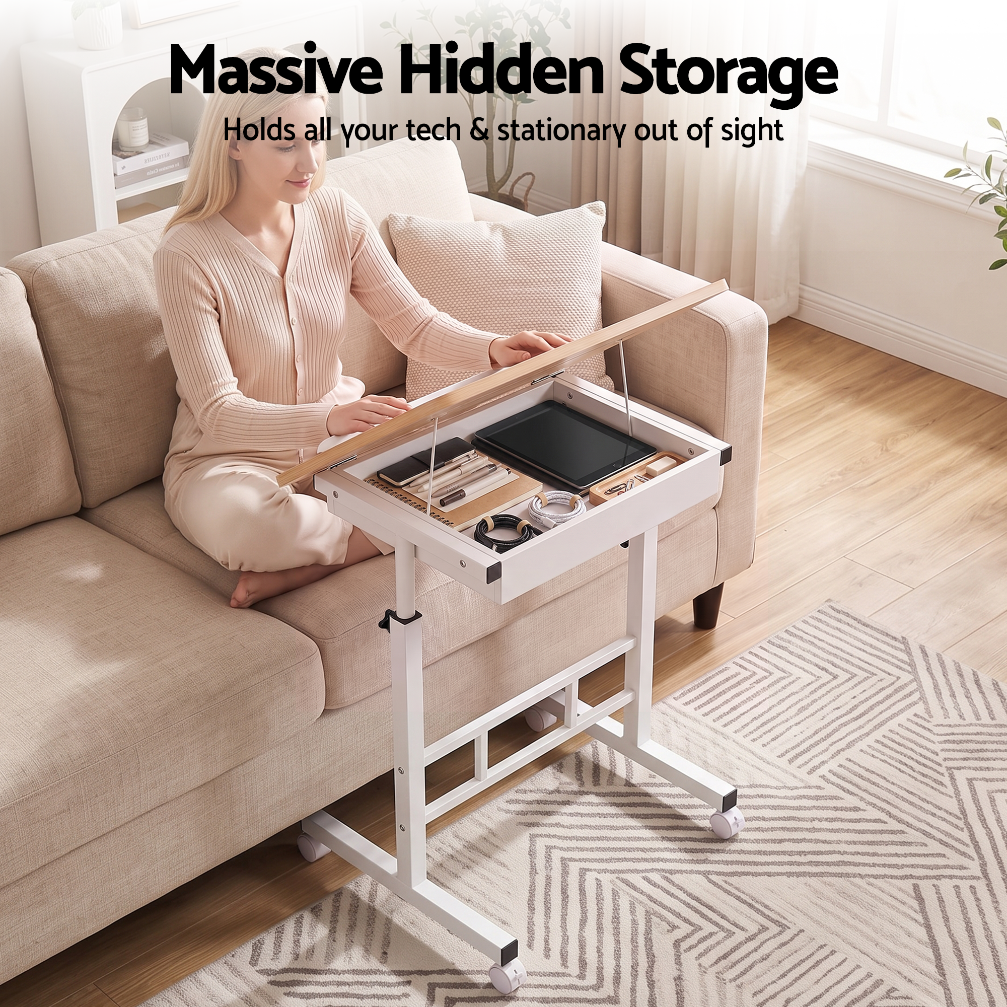 Artiss Adjustable Laptop Desk Mobile Bedside Table Hidden Storage Wood Bedworld