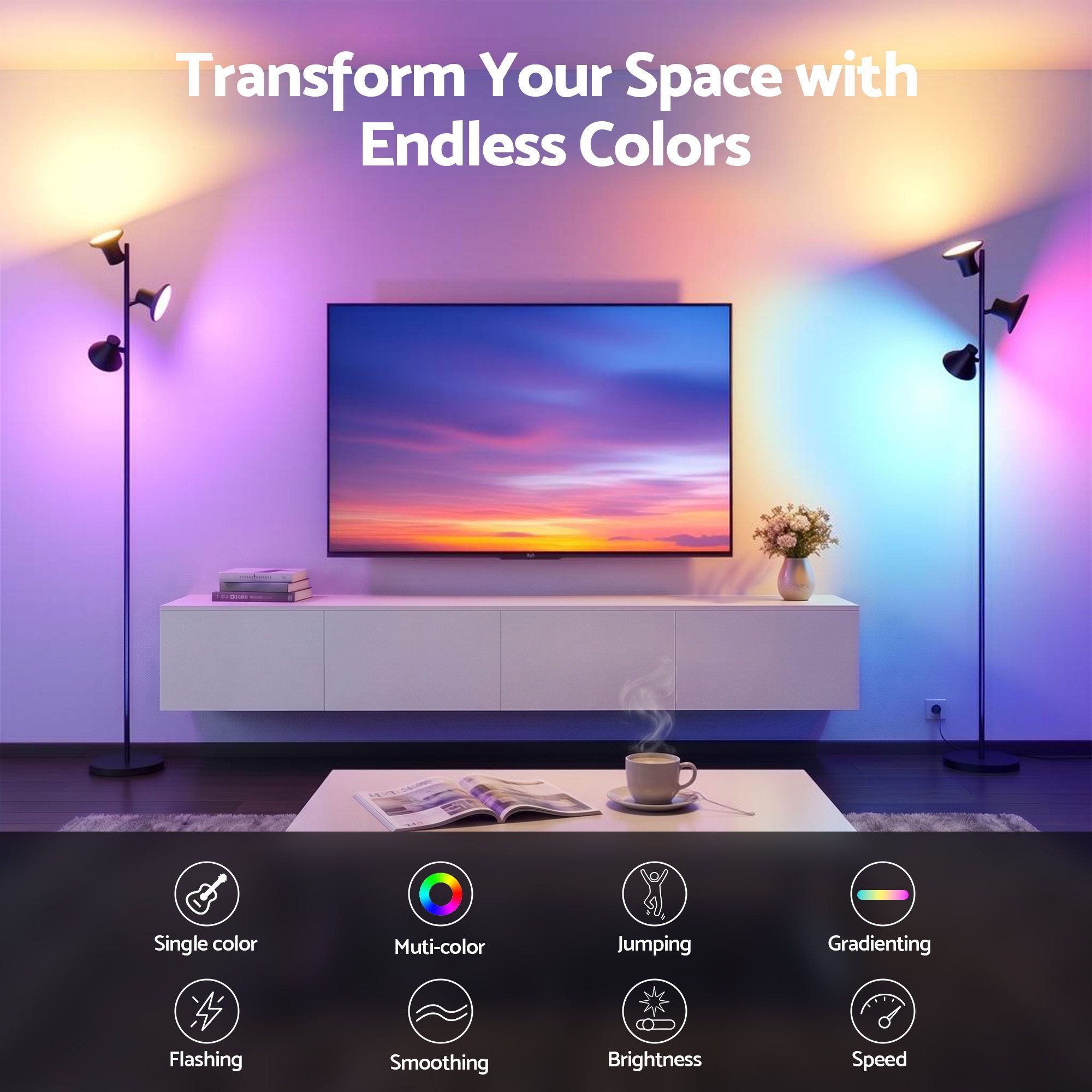 Artiss RGB Floor Lamp LED with 3 Swivel Lights Color Changing Lamp with Remote Stepless Dimmable Bedworld