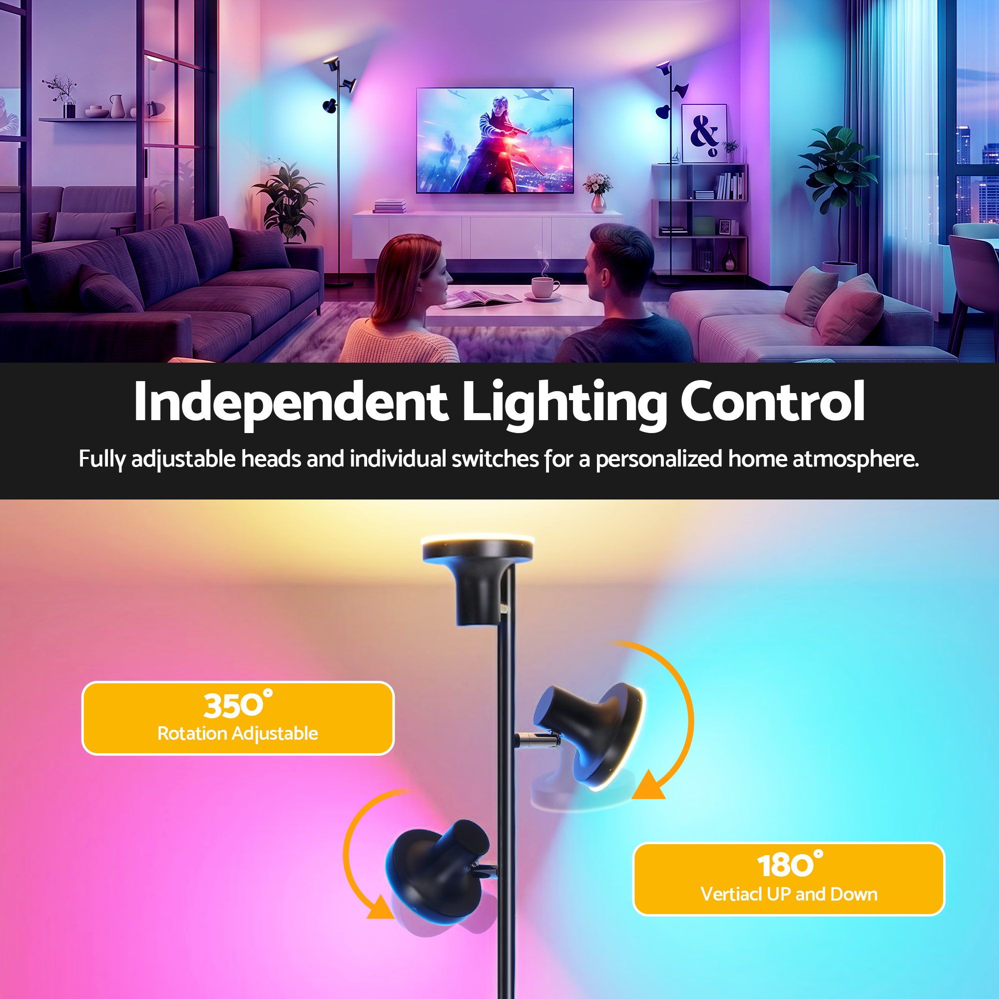 Artiss RGB Floor Lamp LED with 3 Swivel Lights Color Changing Lamp with Remote Stepless Dimmable Bedworld