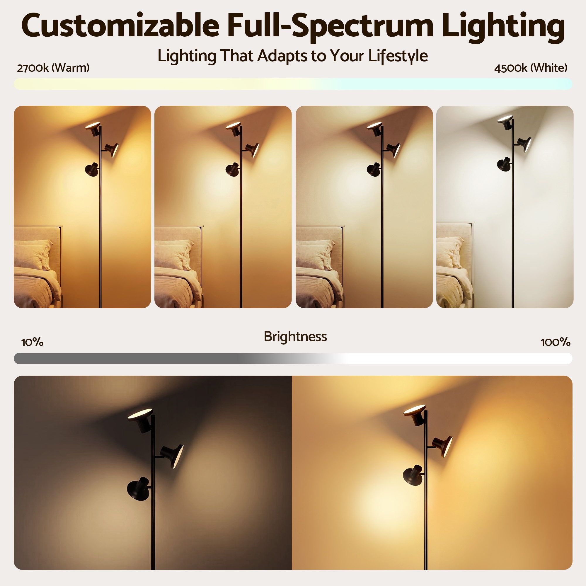 Artiss RGB Floor Lamp LED with 3 Swivel Lights Color Changing Lamp with Remote Stepless Dimmable Bedworld