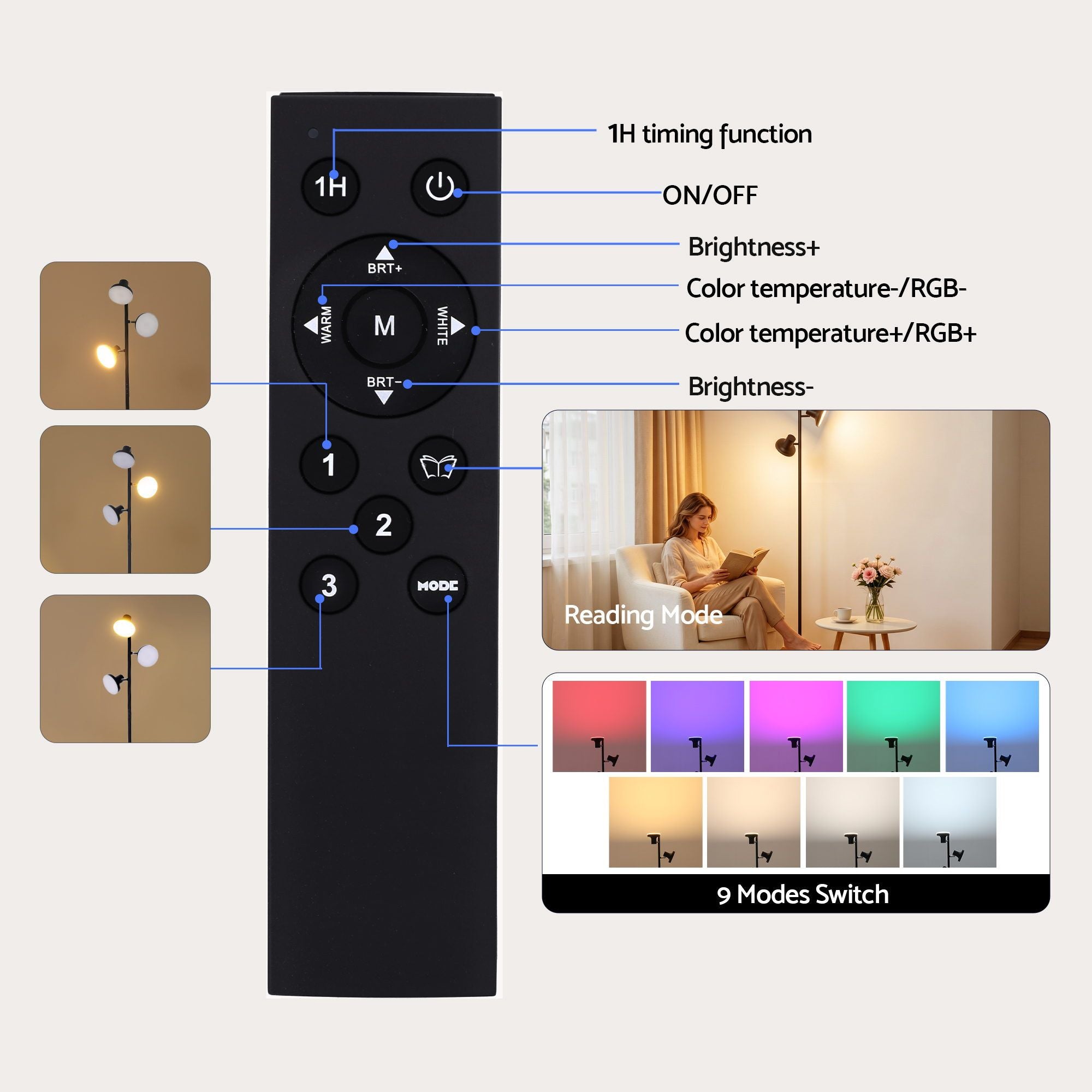 Artiss RGB Floor Lamp LED with 3 Swivel Lights Color Changing Lamp with Remote Stepless Dimmable Bedworld