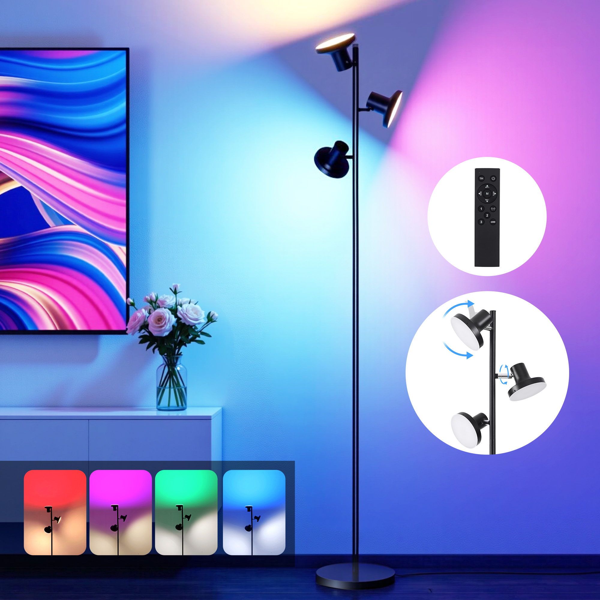 Artiss RGB Floor Lamp LED with 3 Swivel Lights Color Changing Lamp with Remote Stepless Dimmable Bedworld