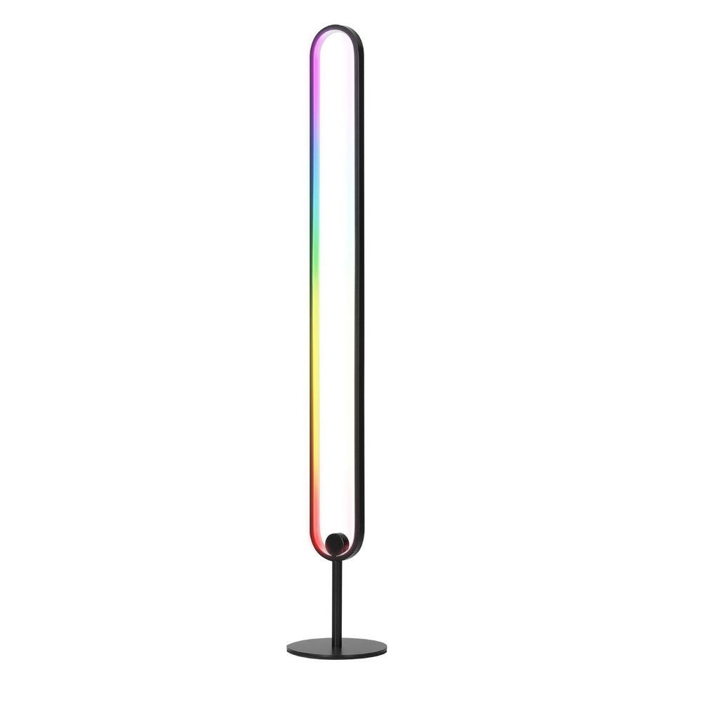 RGB LED floor lamp with slim arched light bar and round base, glowing multicolor