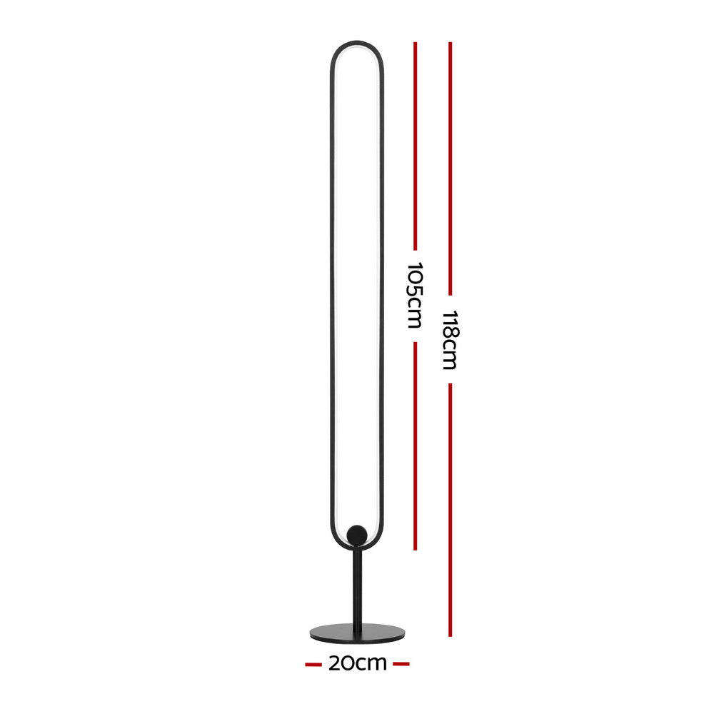 RGB LED floor lamp, slim arched tube on round base, height-marked side view