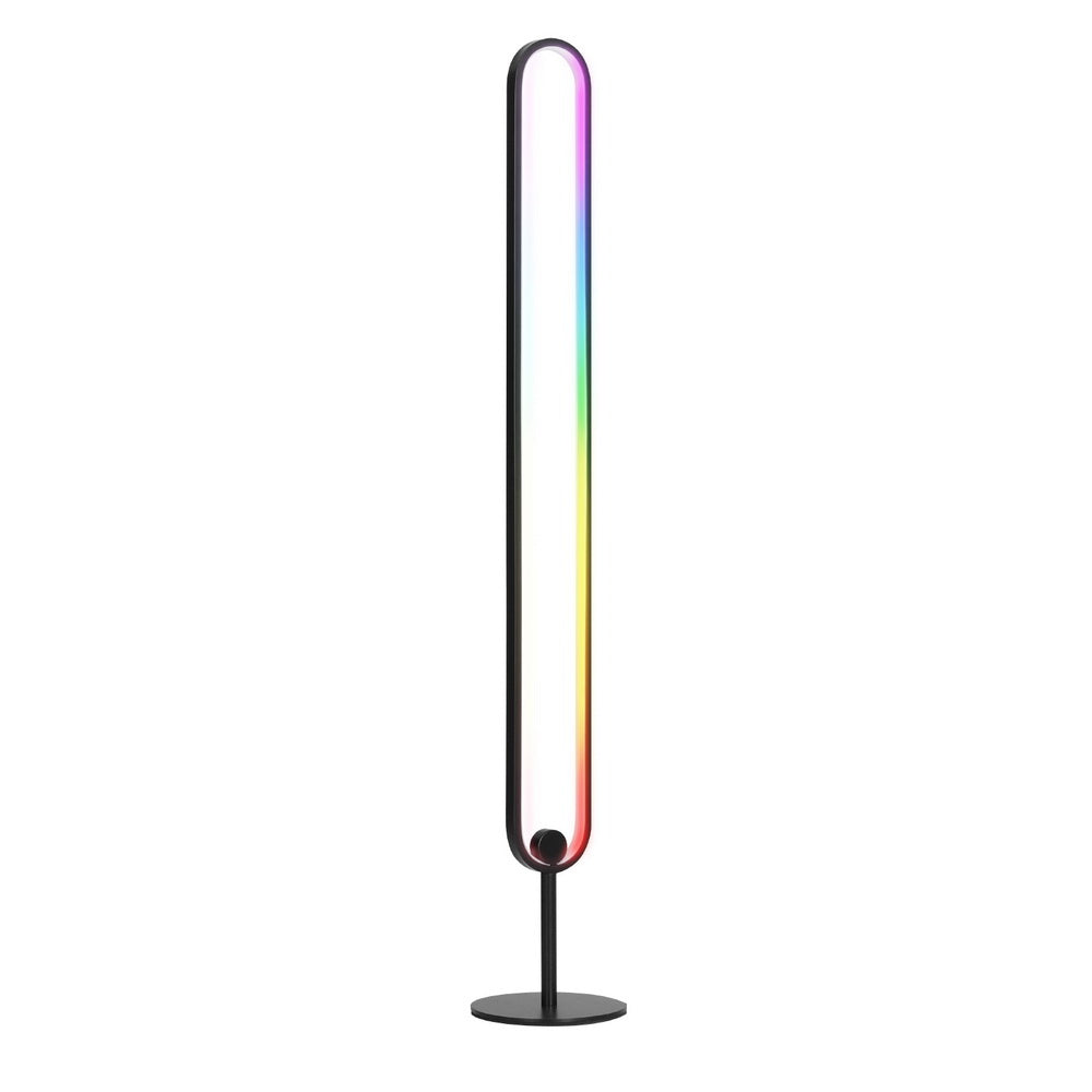 RGB LED floor lamp with arched light bar and round base, multicolor glow