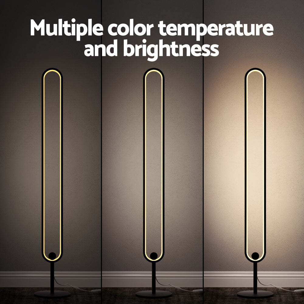 RGB LED floor lamp with slim arched tube on round base, multiple brightness tones
