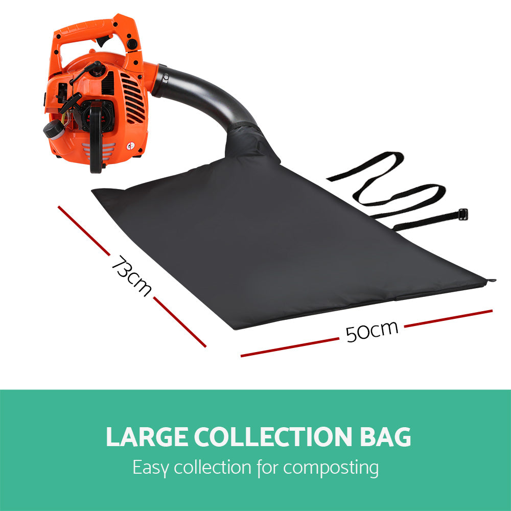 Leaf blower vacuum with orange engine housing and black collection bag attachment
