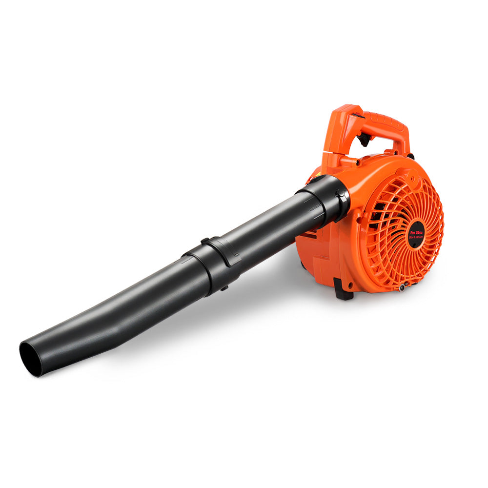 Orange petrol leaf blower with long black tube nozzle