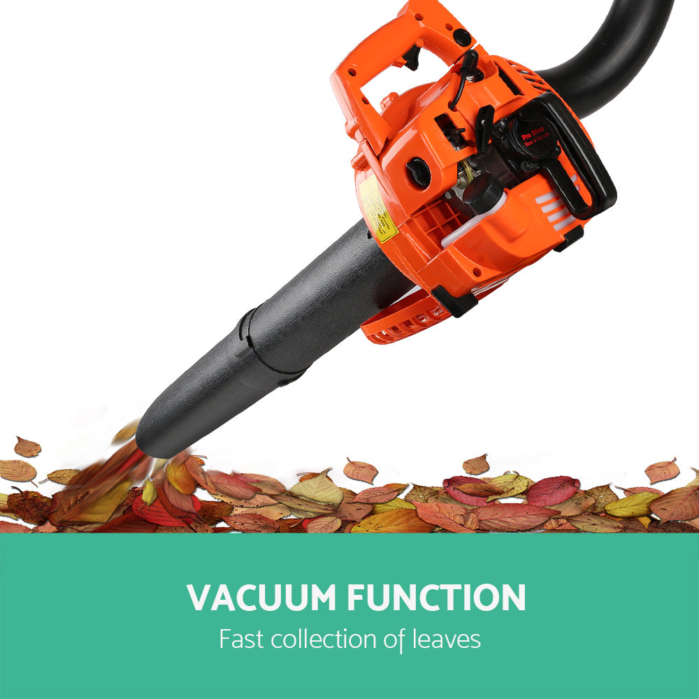 Orange leaf blower vacuum unit with black nozzle and collection tube opening
