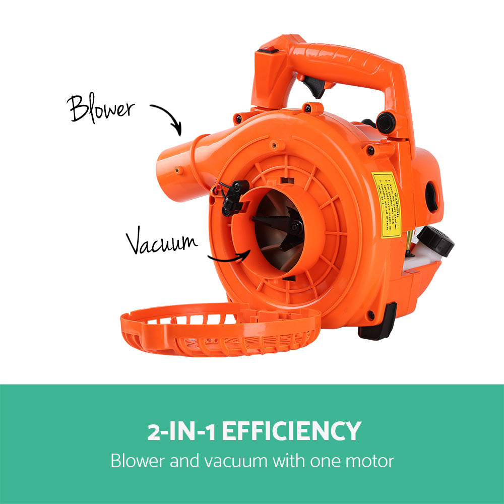 Orange leaf blower vacuum intake housing with round fan cover and handle