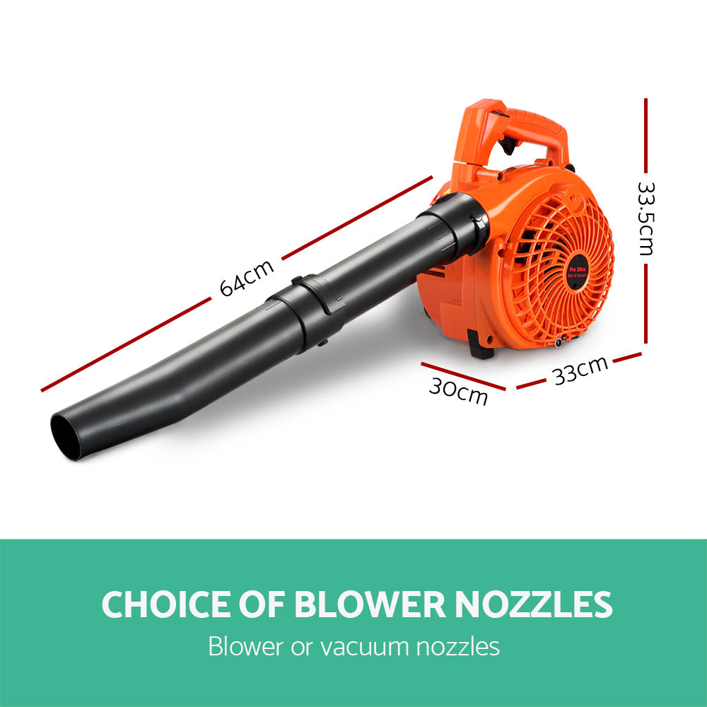 Orange petrol leaf blower vacuum with long black tube and blower nozzle