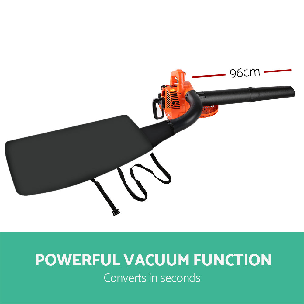 Leaf blower vacuum with orange engine, black nozzle tube, and wide bag shroud