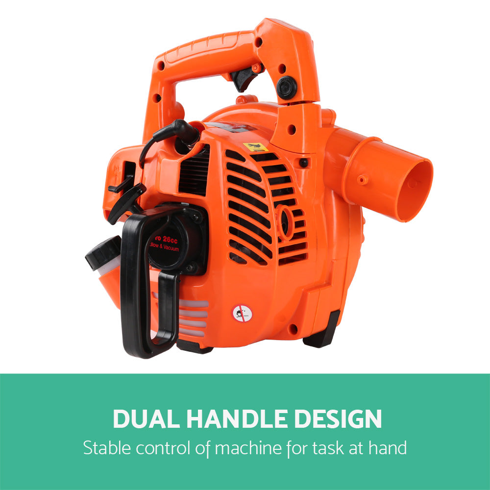 Orange leaf blower vacuum engine with black side handle and air intake vents