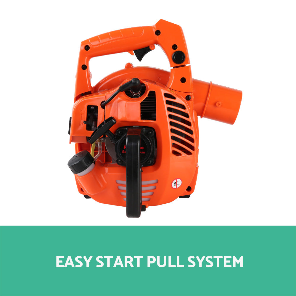 Orange leaf blower vacuum with black control handle and side-mounted starter grip