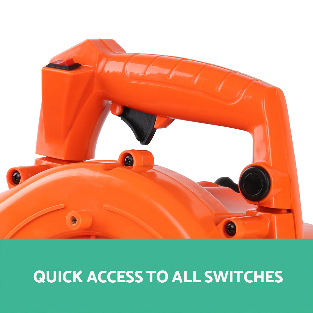 Orange 2-in-1 petrol leaf blower vacuum with handle and control switches