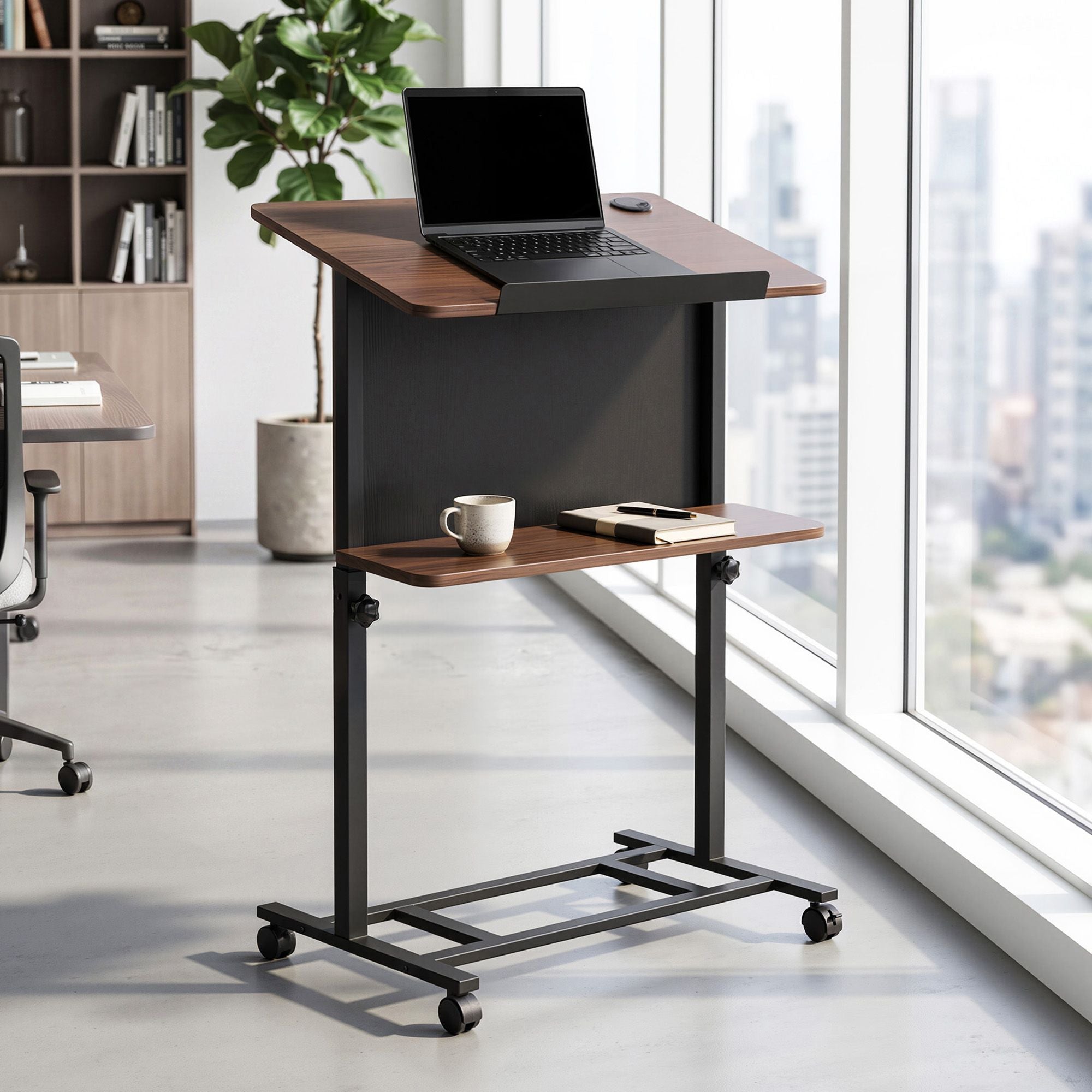 Artiss Mobile Lectern Podium Stand with Storage Shelf Height Adjustable Laptop Desk Black & Walnut Bedworld