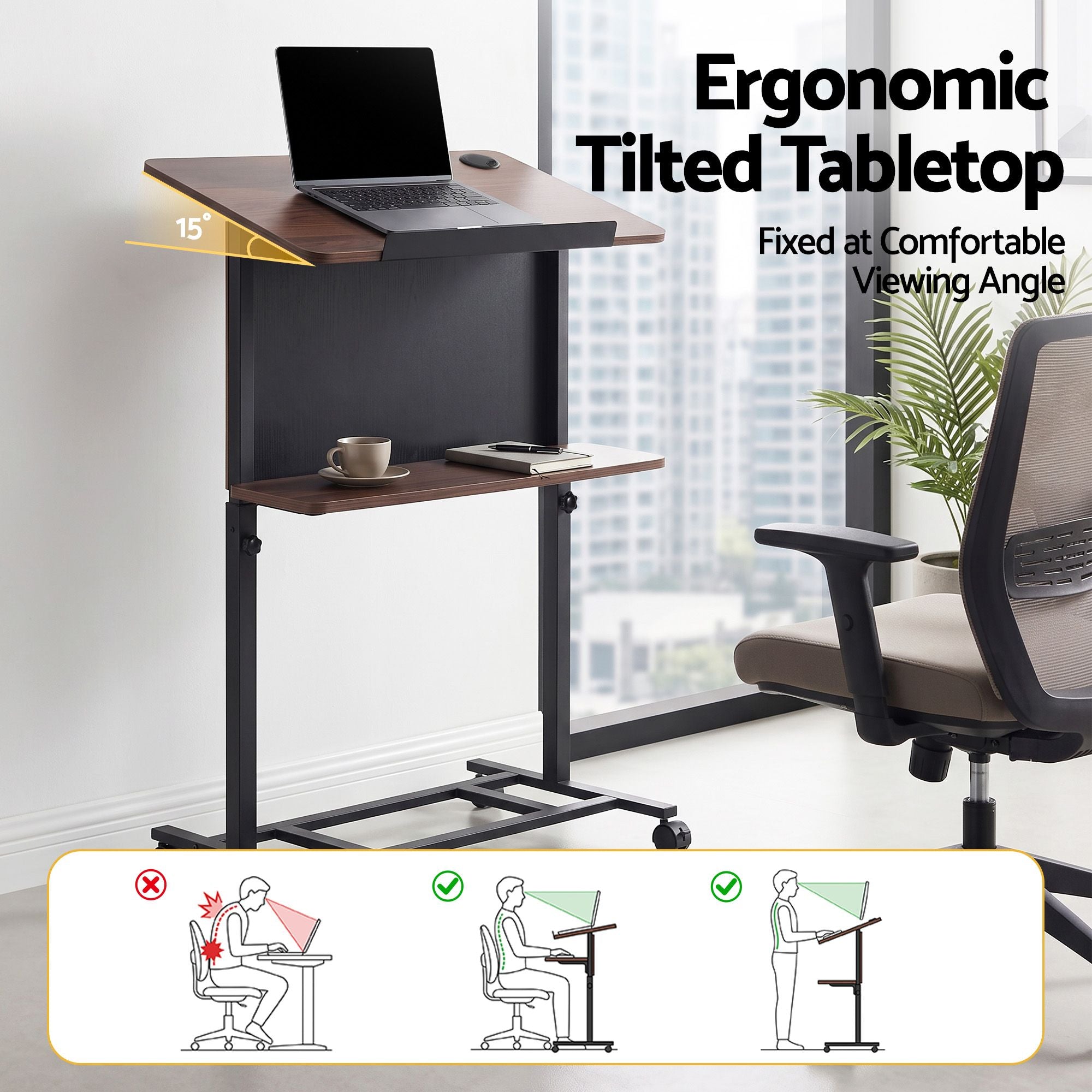 Artiss Mobile Lectern Podium Stand with Storage Shelf Height Adjustable Laptop Desk Black & Walnut Bedworld