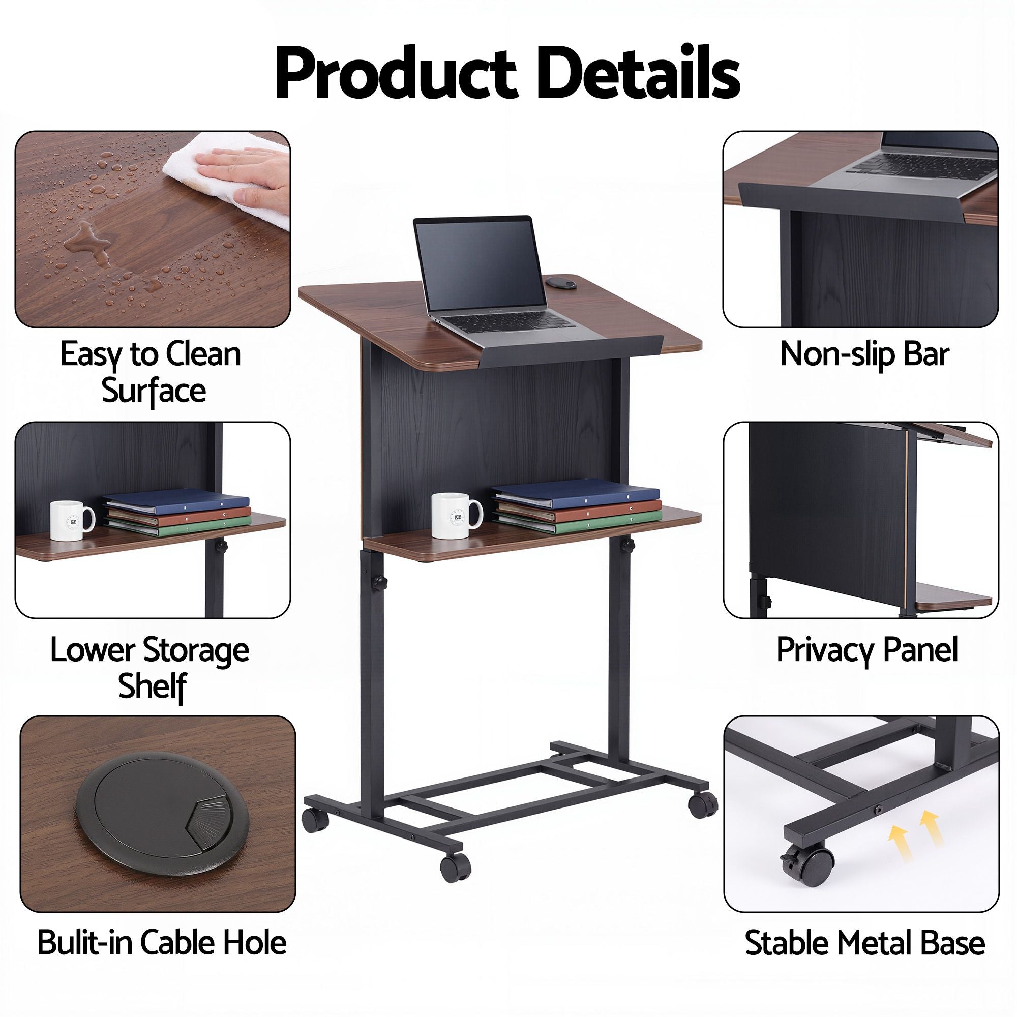 Artiss Mobile Lectern Podium Stand with Storage Shelf Height Adjustable Laptop Desk Black & Walnut Bedworld